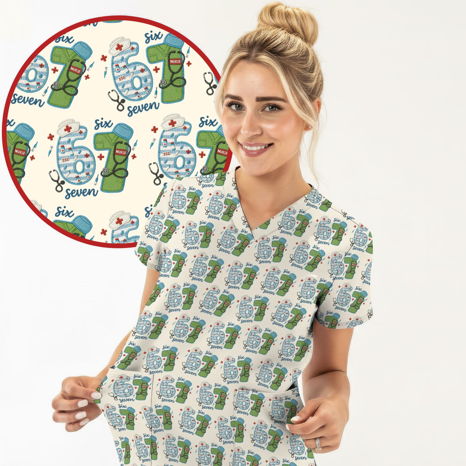 Nurse Six Seven Pattern Scrub Top, Cute Medical Number Print Shirt for Nursing Professionals