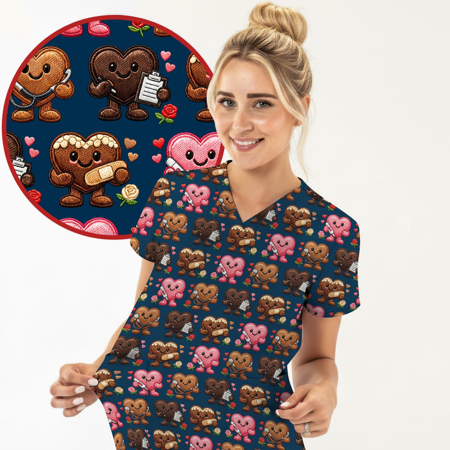 Valentine Heart Nurse Scrub Top, Cute Medical Love Pattern Shirt, Breathable Fabrics Nursing Uniform
