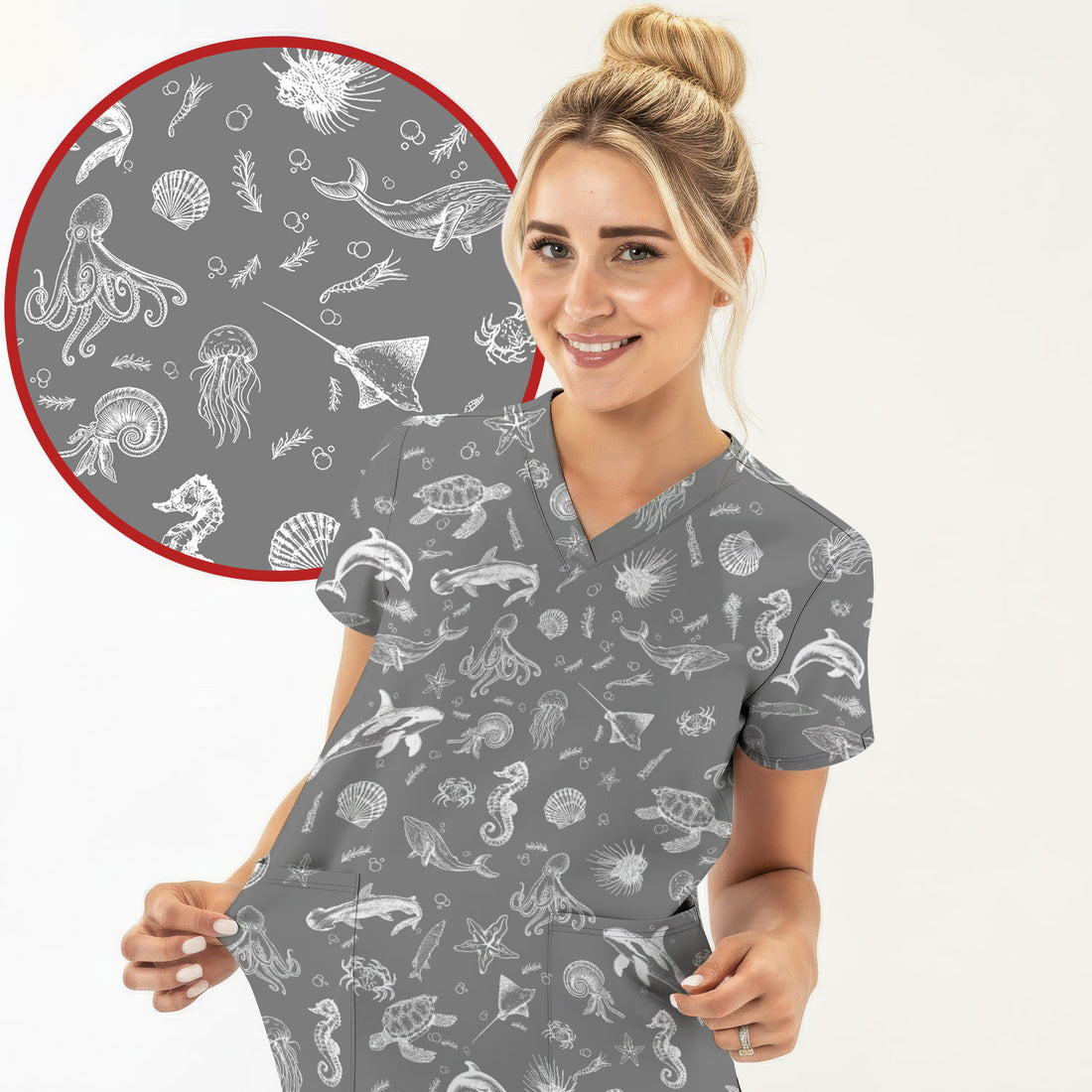 Marine Sea Life Pattern Scrub Top, Breathable Fabrics Nursing Uniform