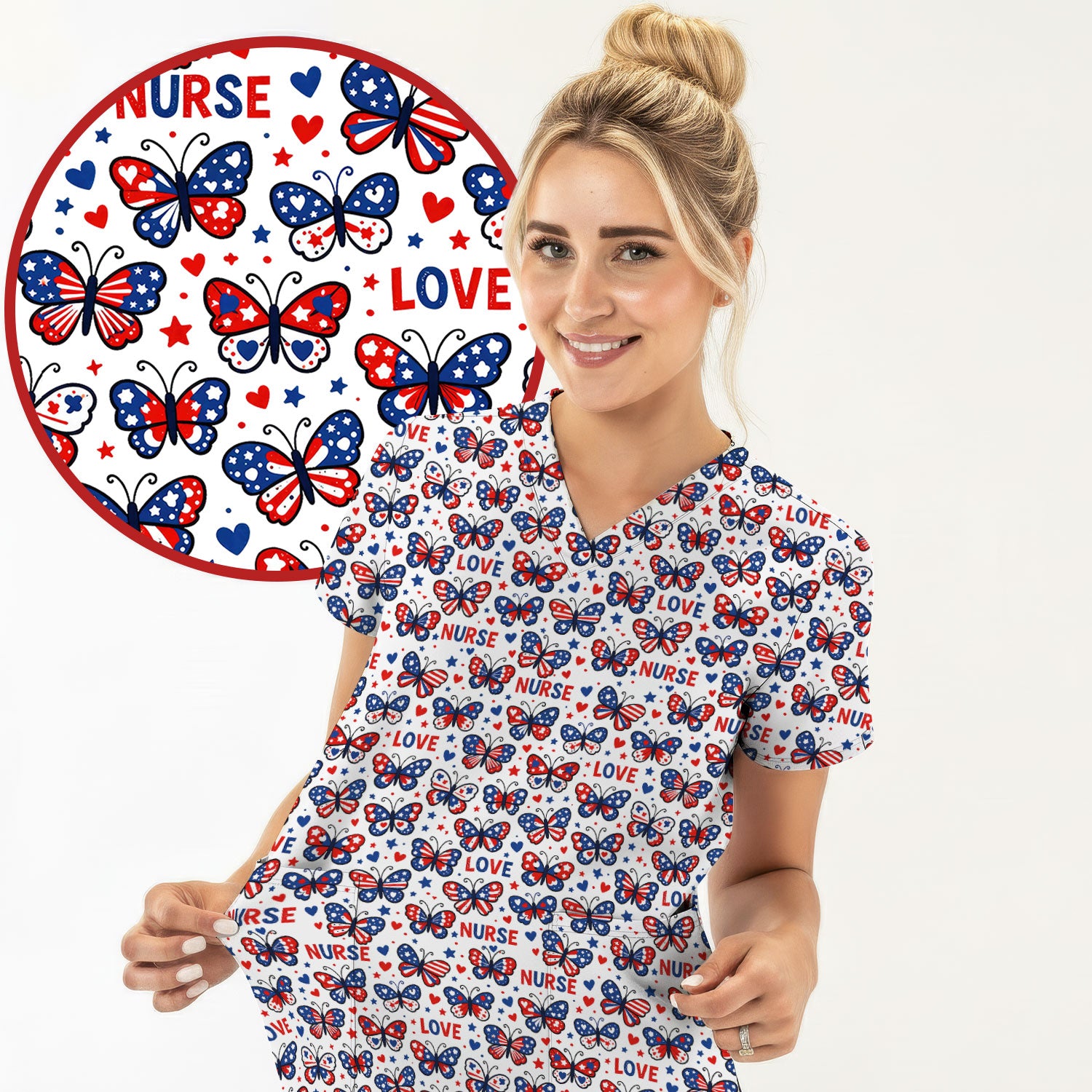 USA Patriotic Butterfly Nurse Scrub Top, Comfortable Uniform Scrubs For Nursing