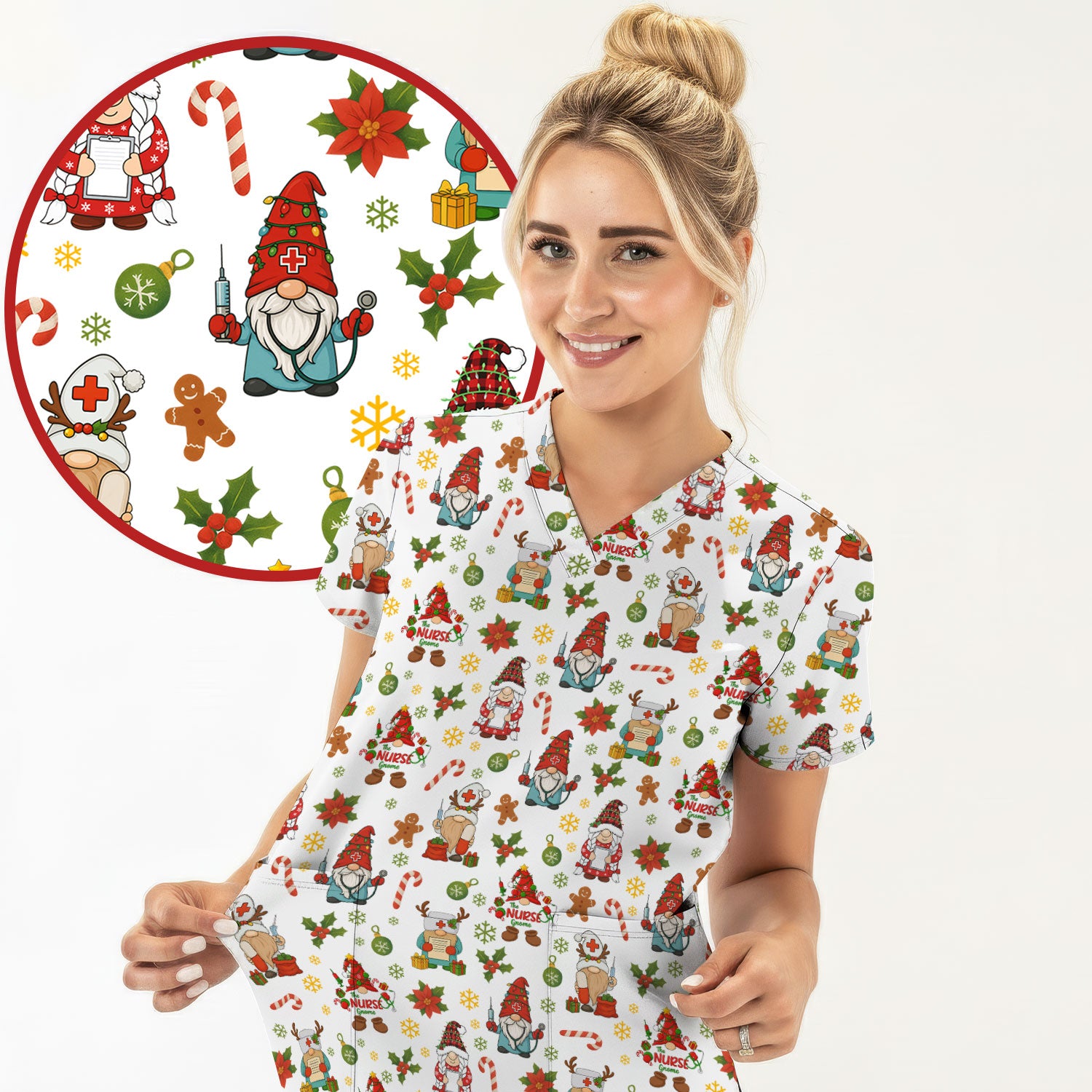 Christmas Gnome Nurse Scrub Top - Cute Holiday Santa Reindeer Print Scrubs - Funny Xmas Medical Scrub Shirt Gift for Women, CNA, RN, Doctor