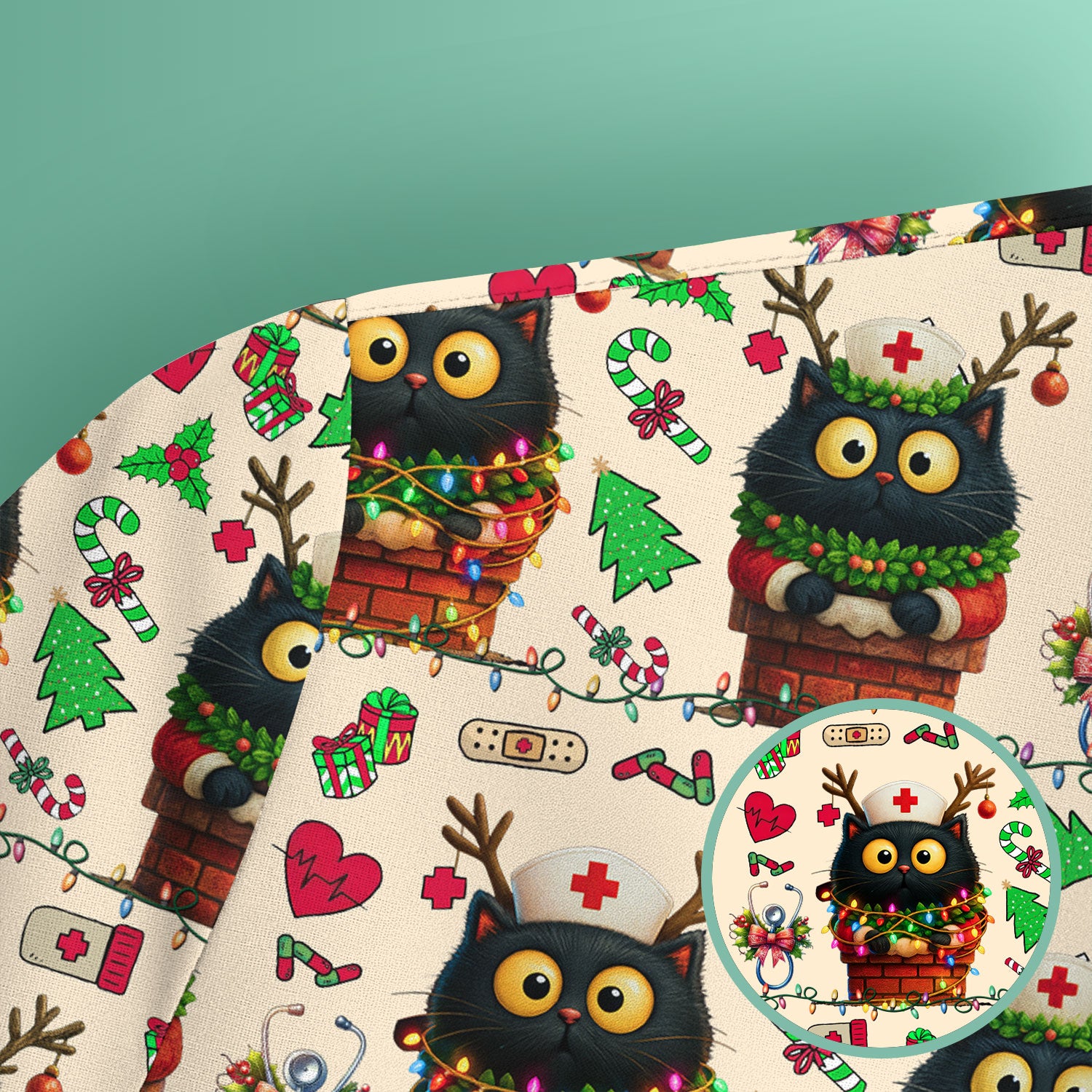 Funny Black Cat Scrub Top for Nurse - Cute Reindeer Cat with Christmas Lights Shirt - Festive Holiday Medical Gift for RN CNA LPN