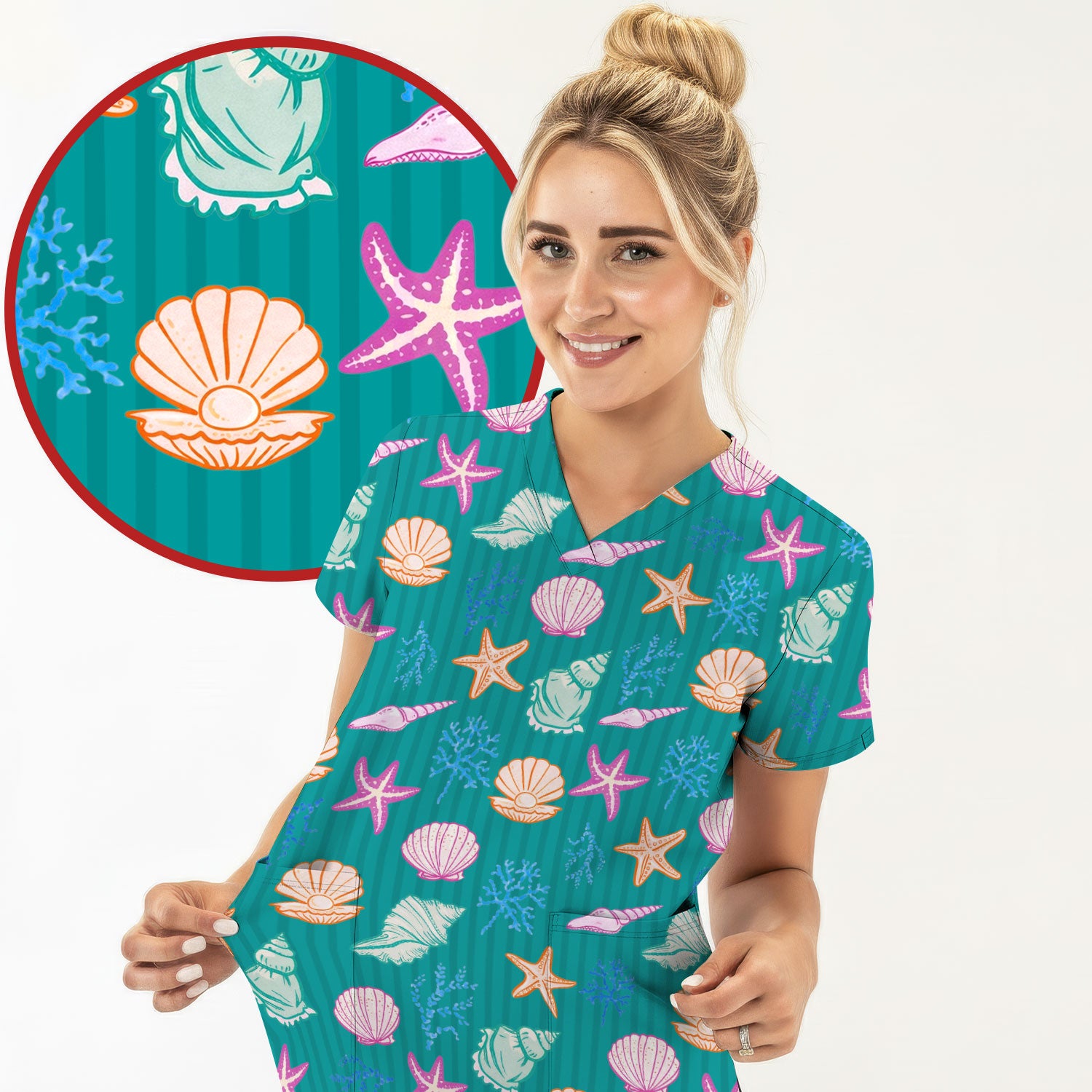 Colorful Seashell Starfish Ocean Stripe Pattern Scrub Top, Breathable Fabrics Nursing Uniform
