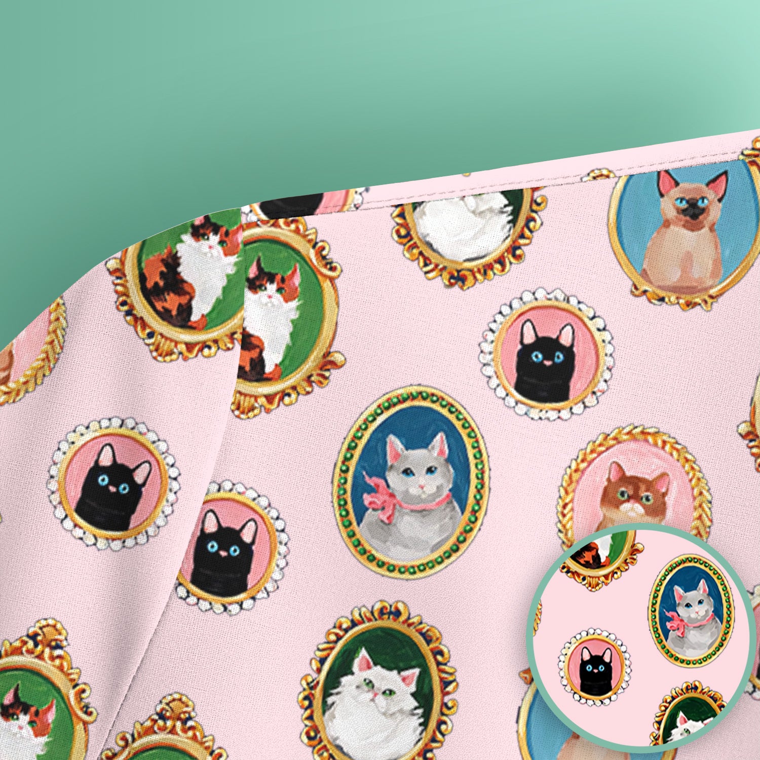Vintage Cat Portrait Pattern Scrub Top, Breathable Medical Uniform Top