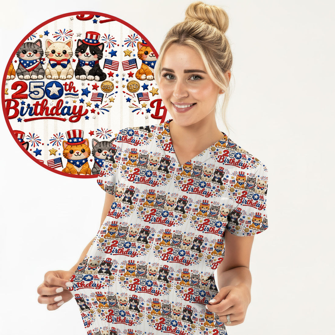America 250th Anniversary Cat Pattern Scrub Top, Comfortable Scrubs for Nurses