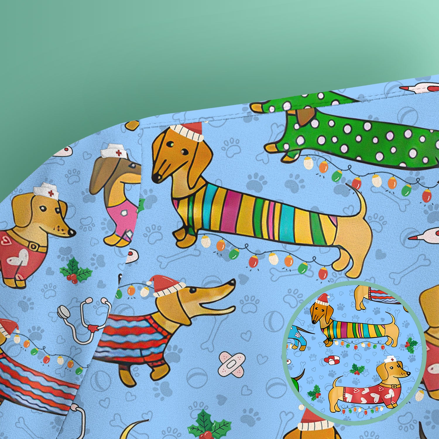Christmas Dachshund Nurse Scrub Top - Cute Wiener Dog in Holiday Outfit - Funny Medical Shirt Gift for Women RN LPN CNA
