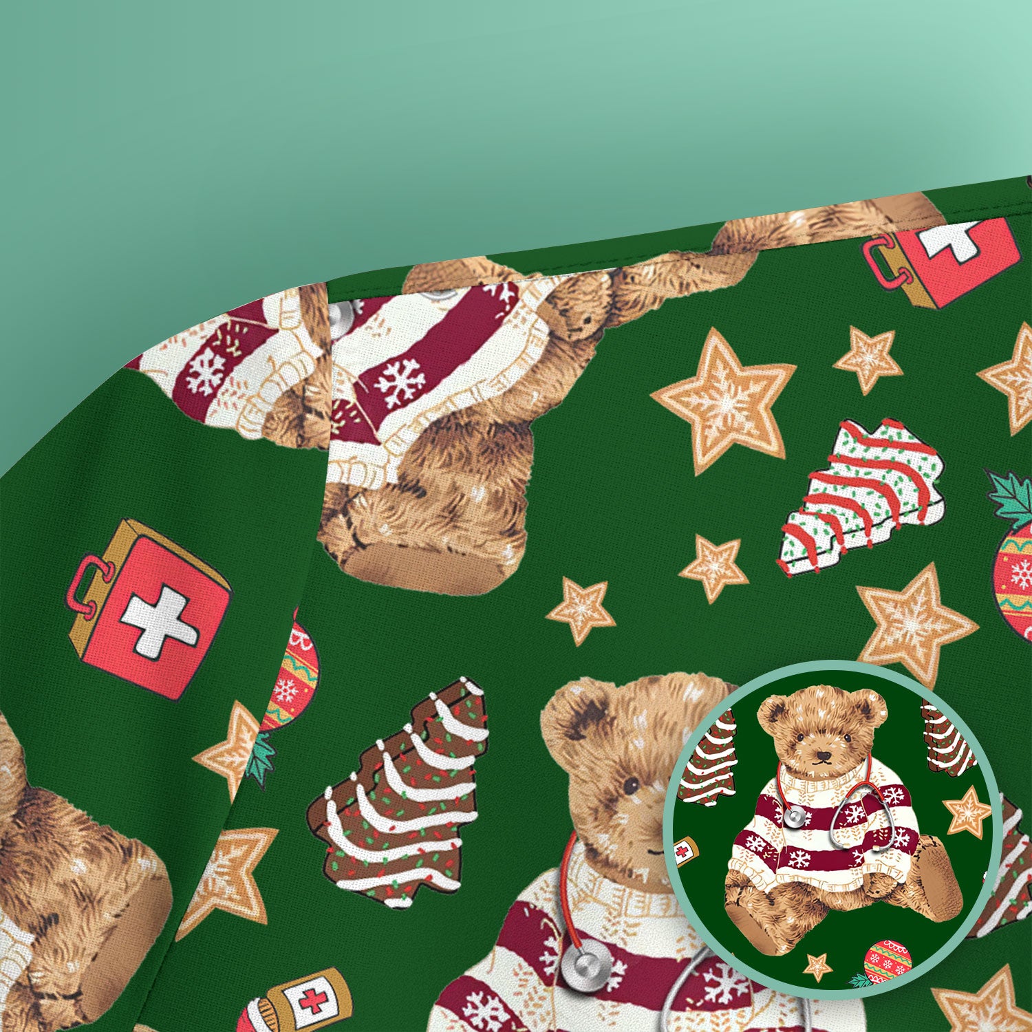 Teddy Bear Christmas Scrub Top - Cute Holiday Medical Pattern with Warm Sweater Bear - Gift for Nurses RN CNA LPN
