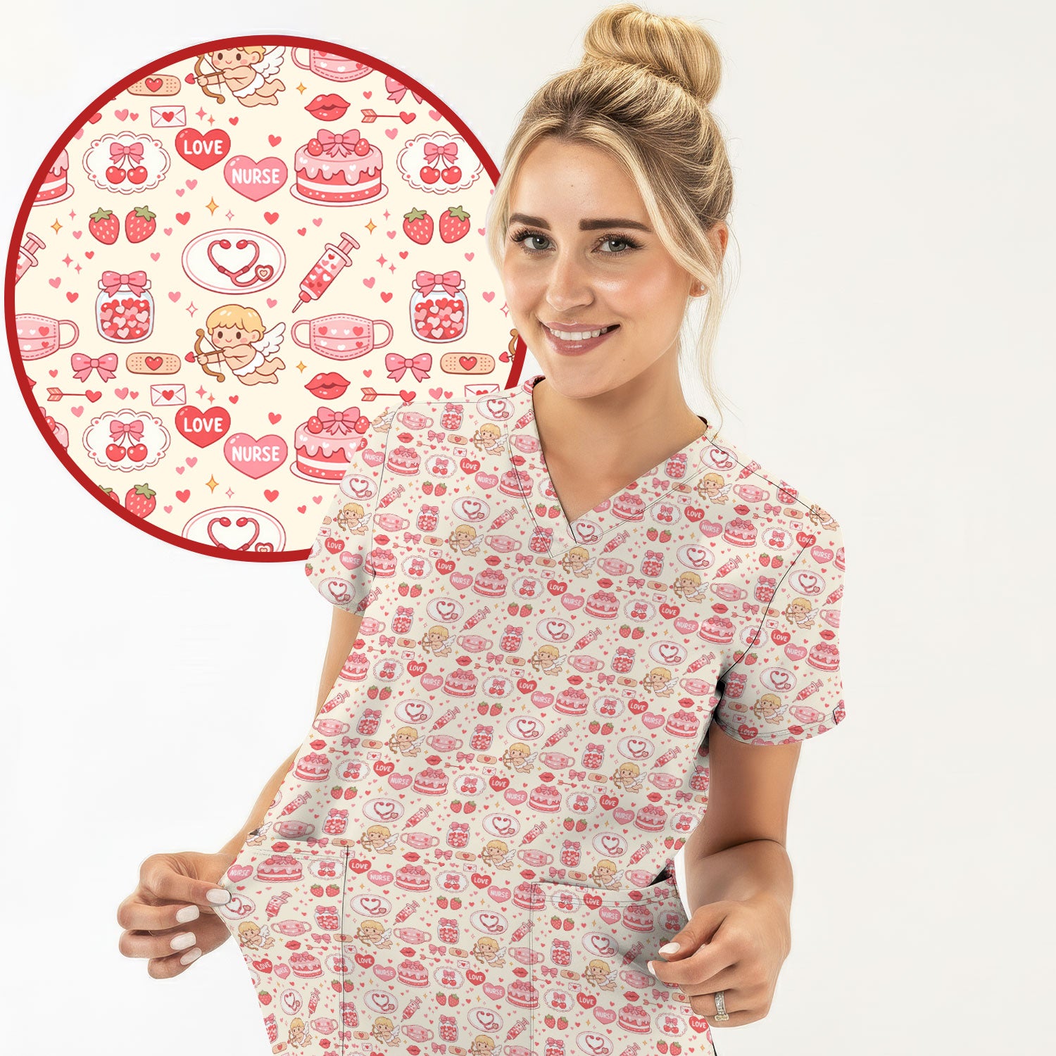 Cupid Nurse Scrub Top, Cute Love Medical Pattern Shirt For Valentine, Breathable Fabrics Nursing Uniform