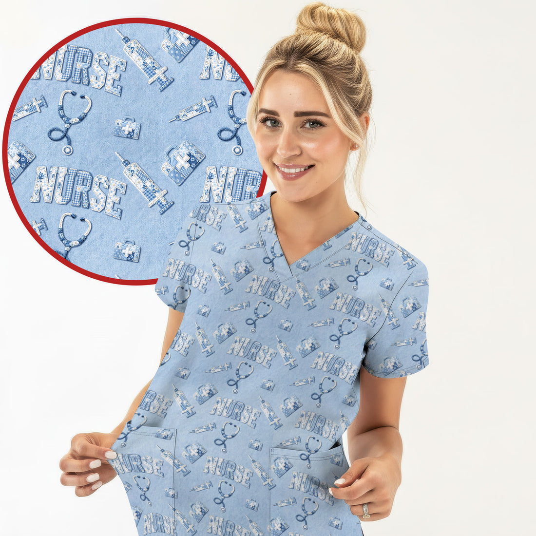 Blue Nurse Medical Pattern Scrub Top for Women, Breathable Nursing Uniform