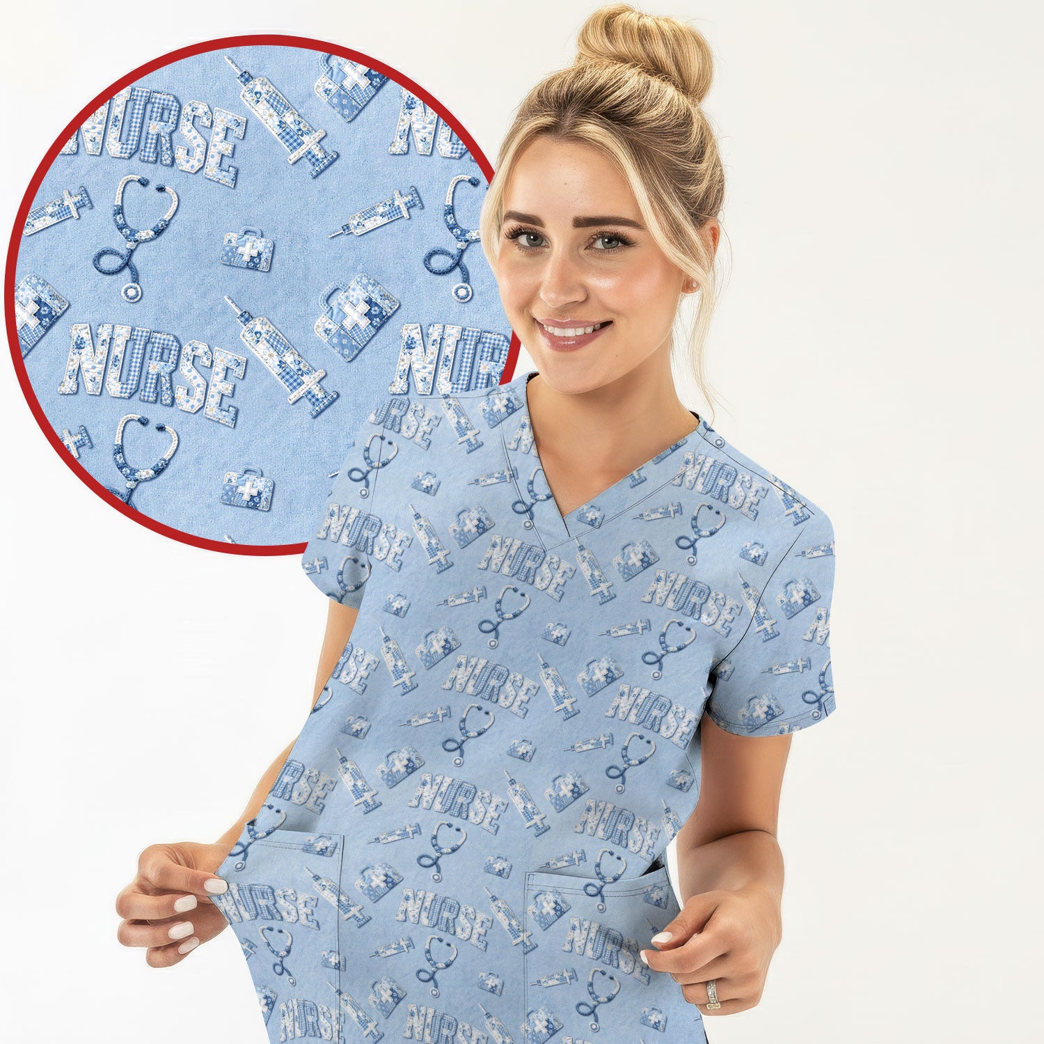 Blue Nurse Medical Pattern Scrub Top for Women, Breathable Nursing Uniform