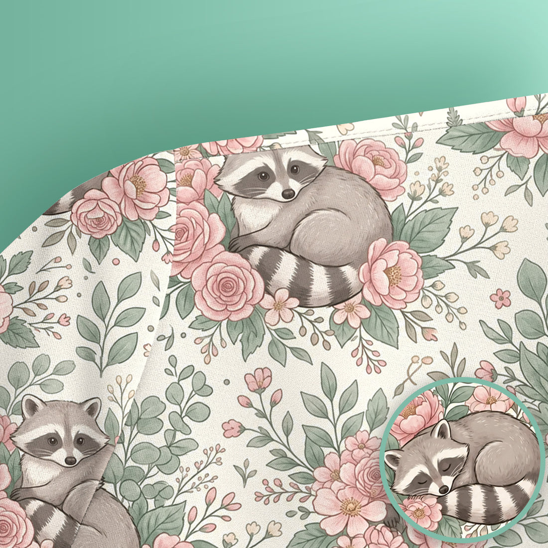 Sleeping Raccoon Rose Garden Pattern Scrub Top, Breathable Fabrics Nursing Uniform