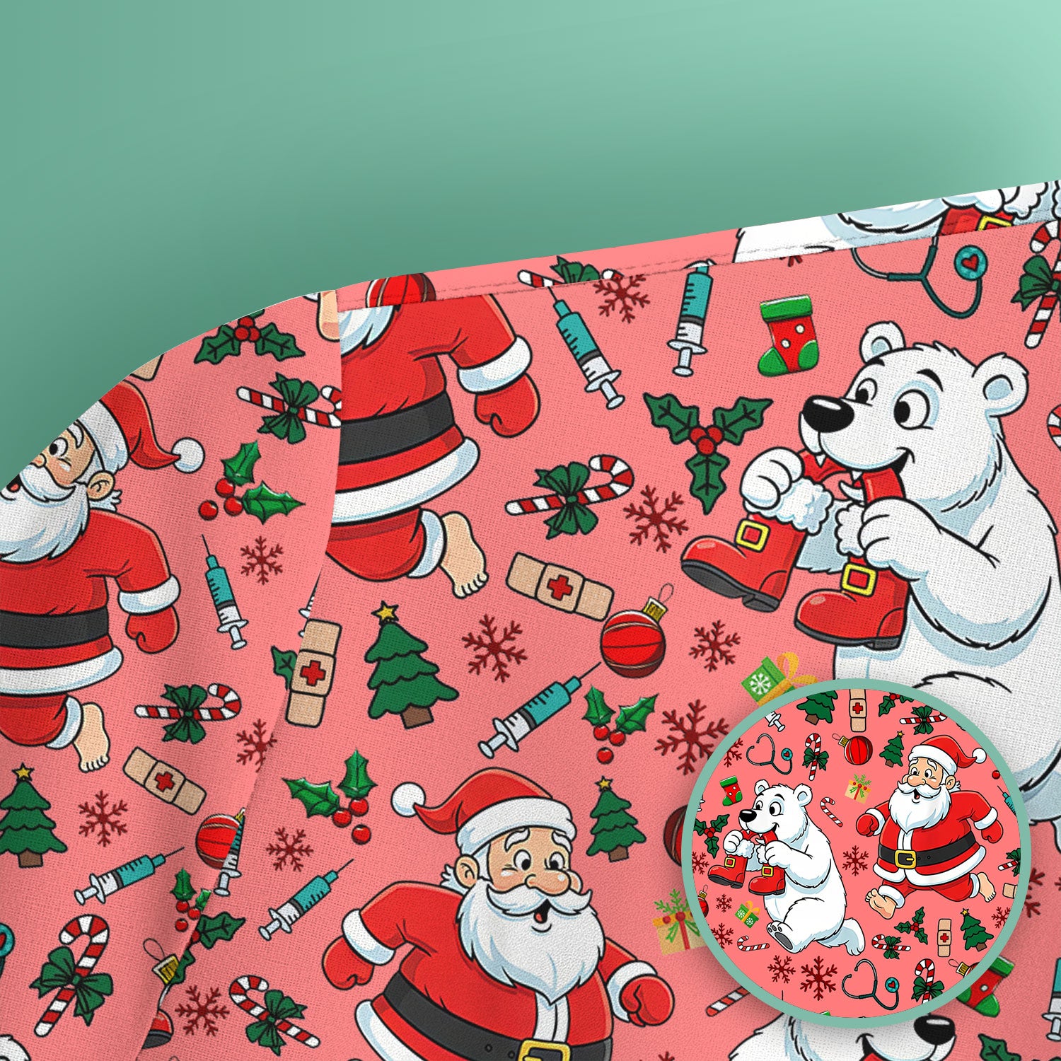Christmas Santa & Polar Bear Scrub Top - Funny Holiday Nurse Shirt for Women - Cute Winter Medical Uniform