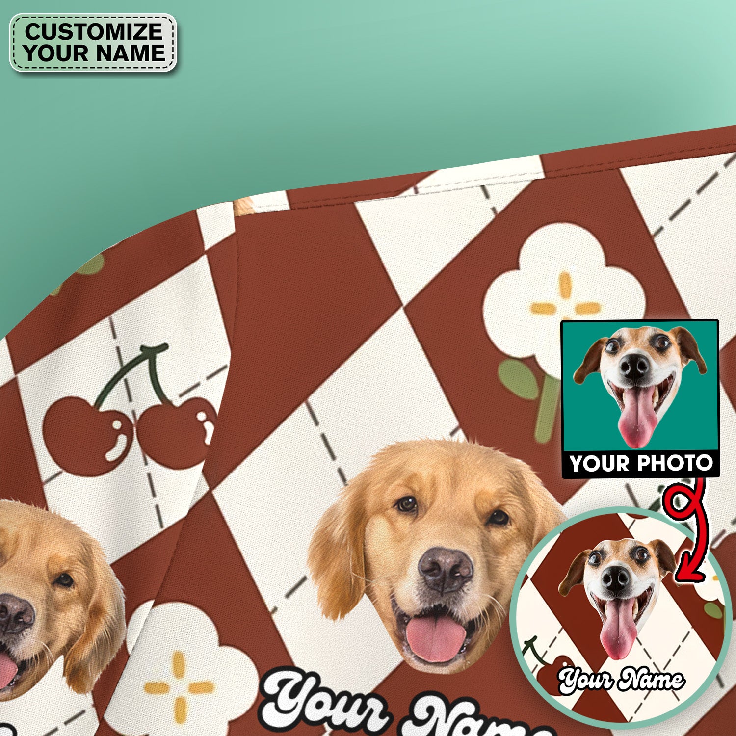 Custom Dog Face Scrub Top, Playful Dog Cherry Argyle Pattern Shirt, Comfortable Scrubs for Nurses