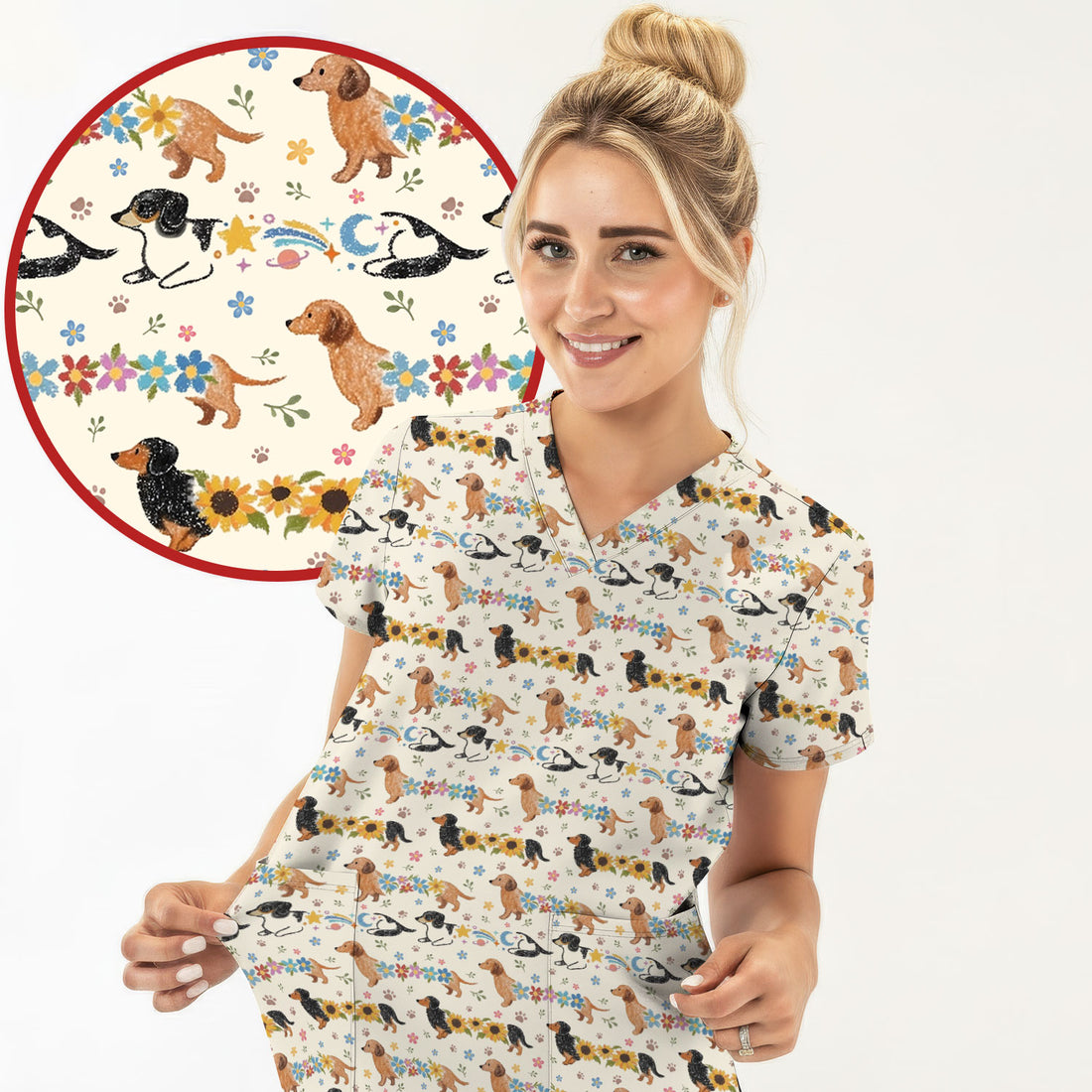 Floral Wiener Dog Pattern Scrub Top, Medical Scrubs for Nurses