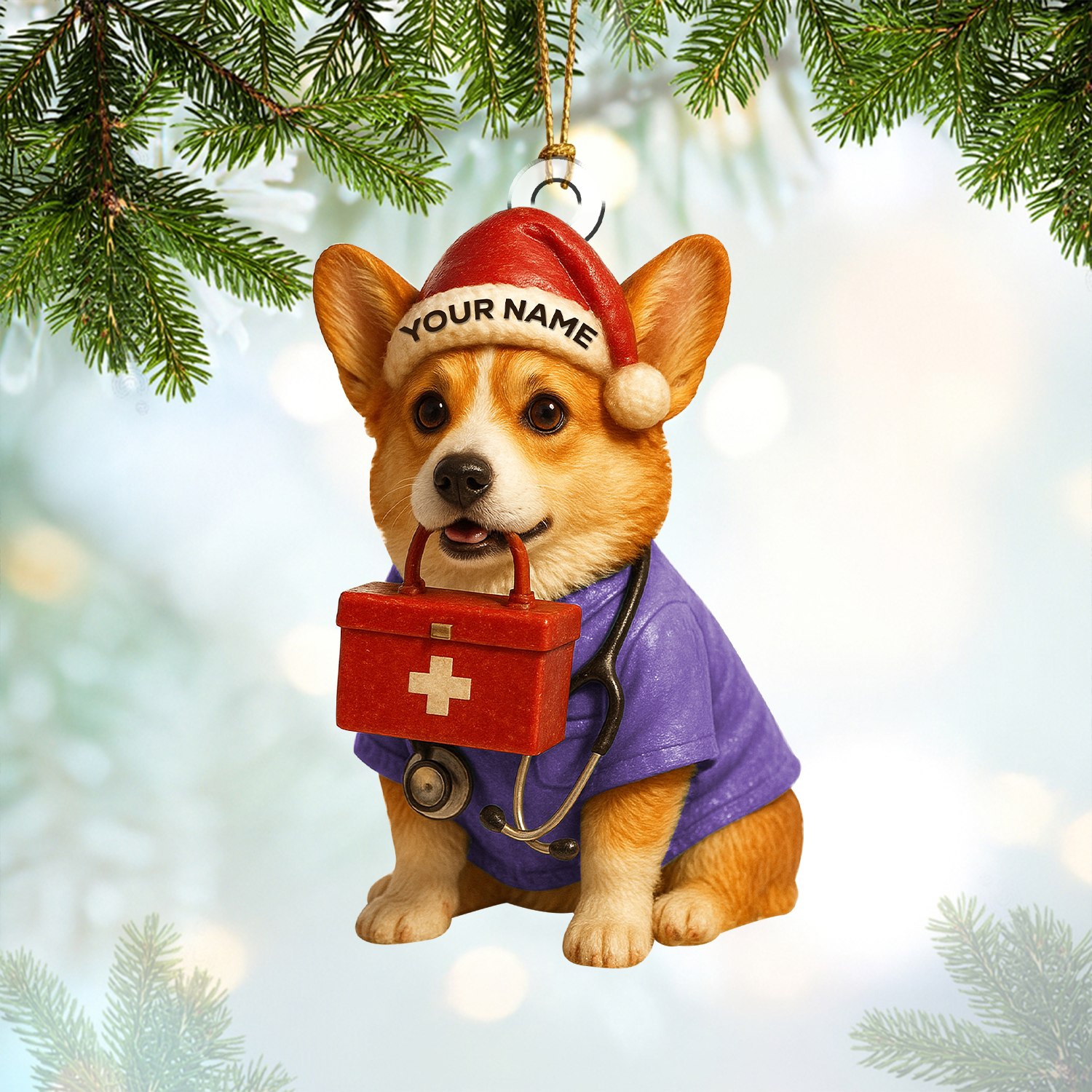 Personalized Corgi Nurse Christmas Ornament, Custom Name Dog Lover Ornament, Cute RN Holiday Gift for Healthcare Workers