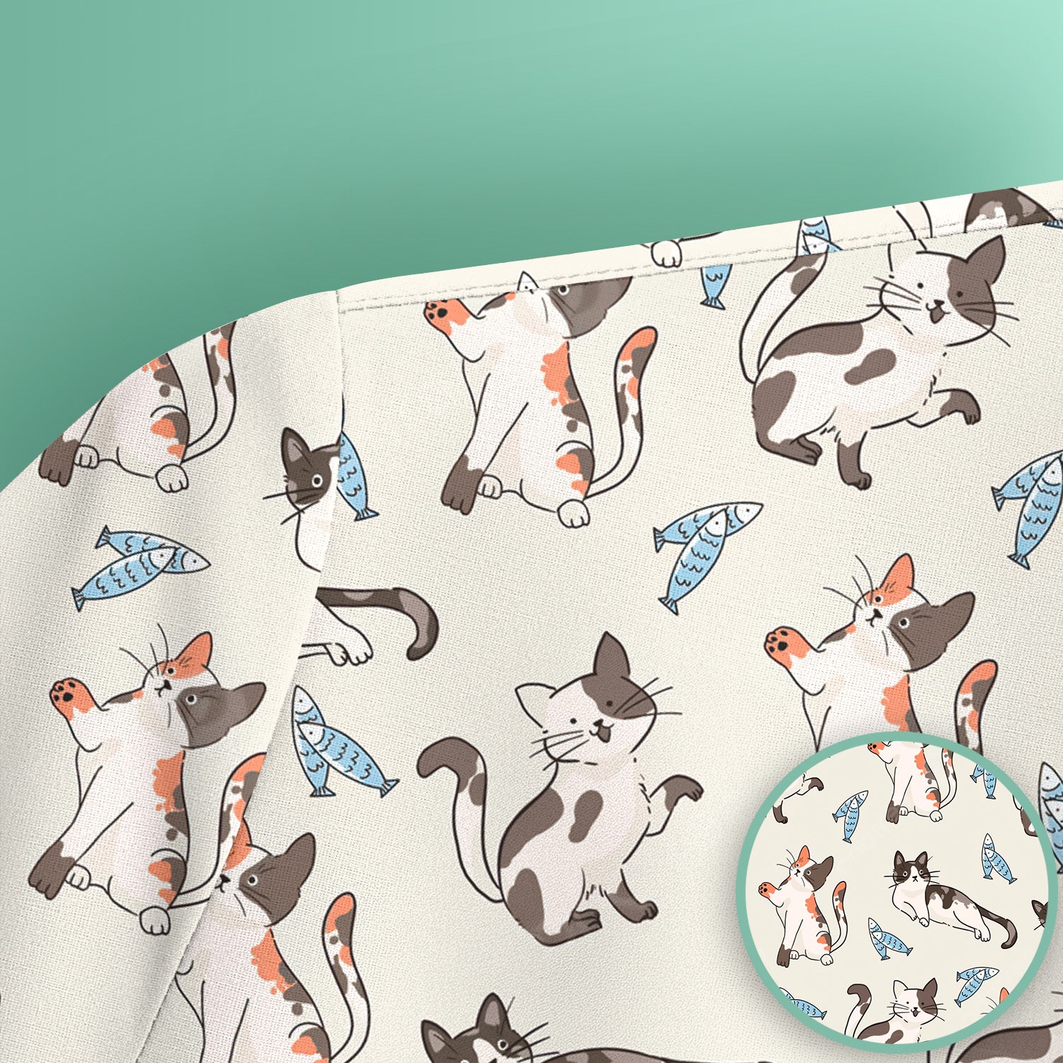 Cute Playful Cats With Fish Pattern Nurse Scrub Top, Comfortable Scrubs for Nurses