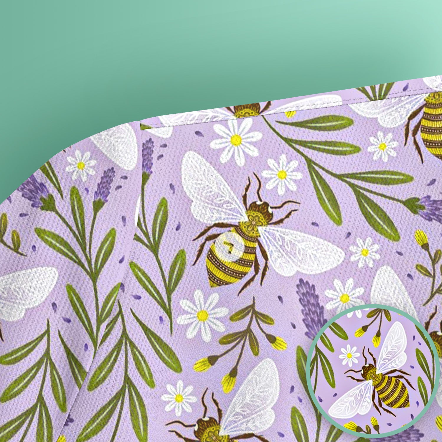 Cute Lavender Bee Floral Pattern Scrub Top, Comfortable Scrubs for Nurses