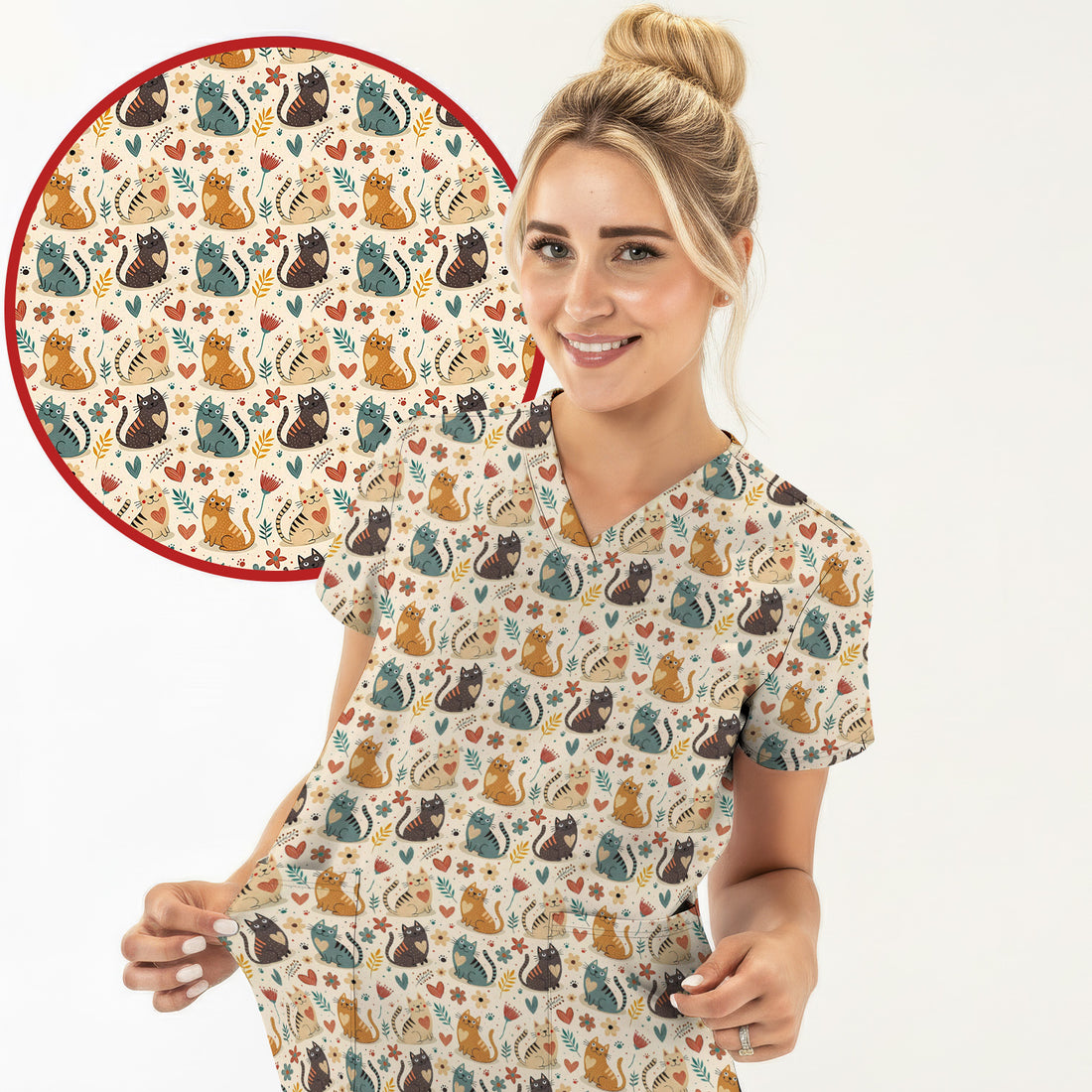 Cute Cat Print V Neck Scrub Top for Nurses, Floral Medical Uniform