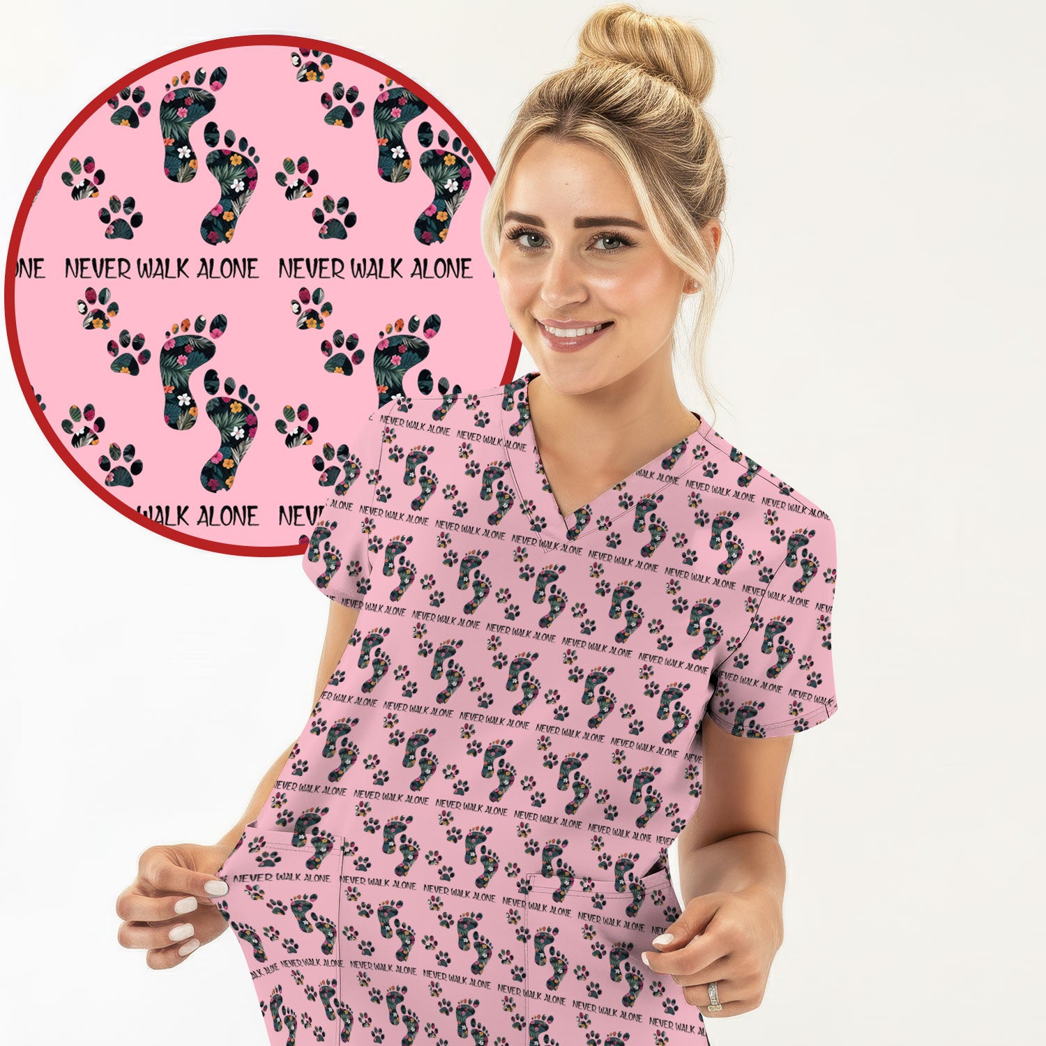 Never Walk Alone Scrub Top, Floral Paw Print Medical Scrub Shirt for Nurses, Vet Techs And Healthcare Workers