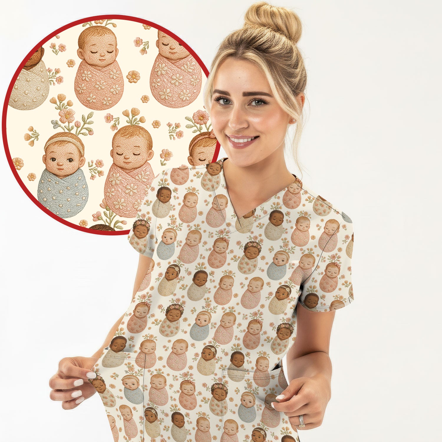 Sweet Newborn Baby Floral Print Nurse Scrub Top, Comfortable Scrubs for Nurses