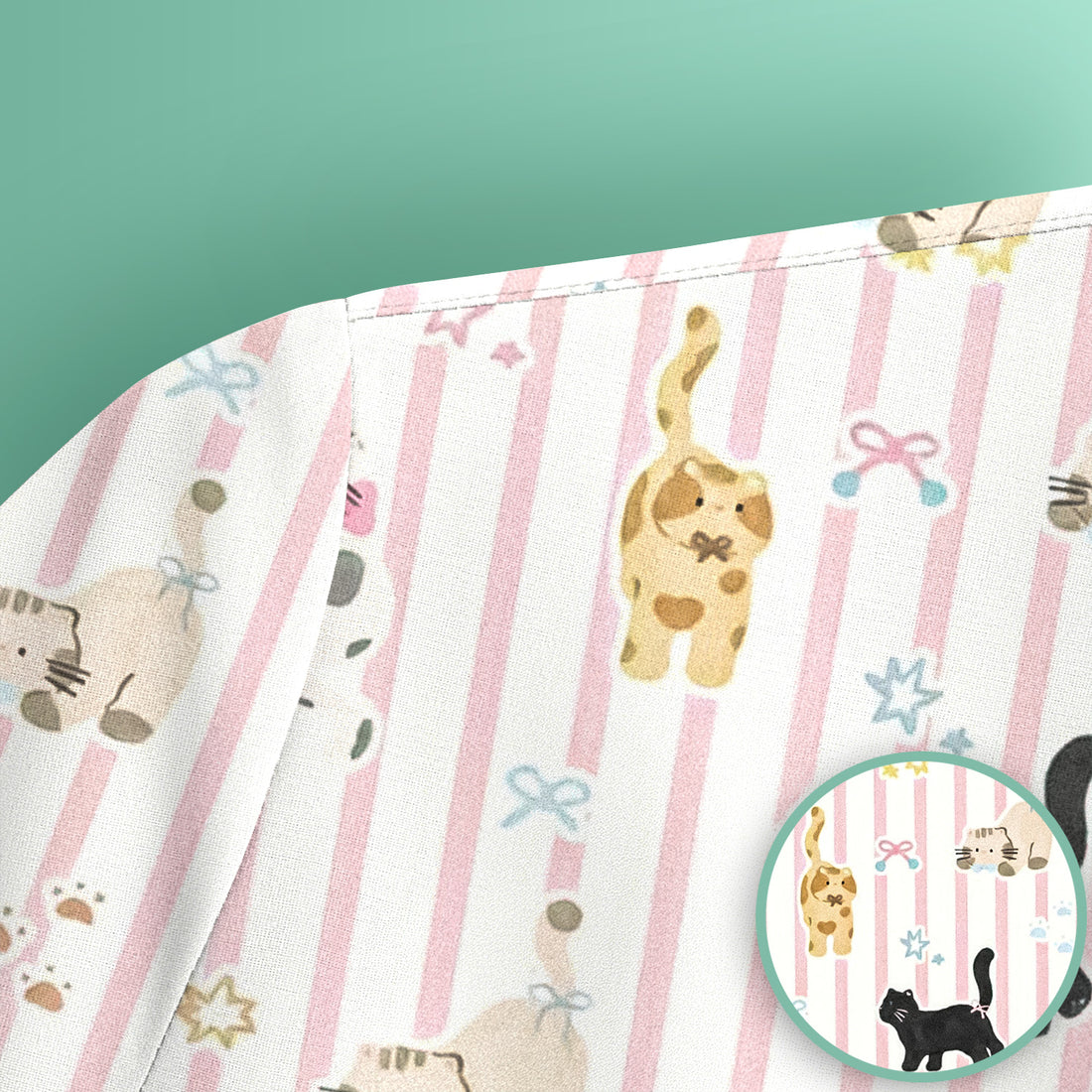 Cute Playful Cat Stripe Ribbon Pattern Scrub Top, Breathable Fabrics Nursing Uniform
