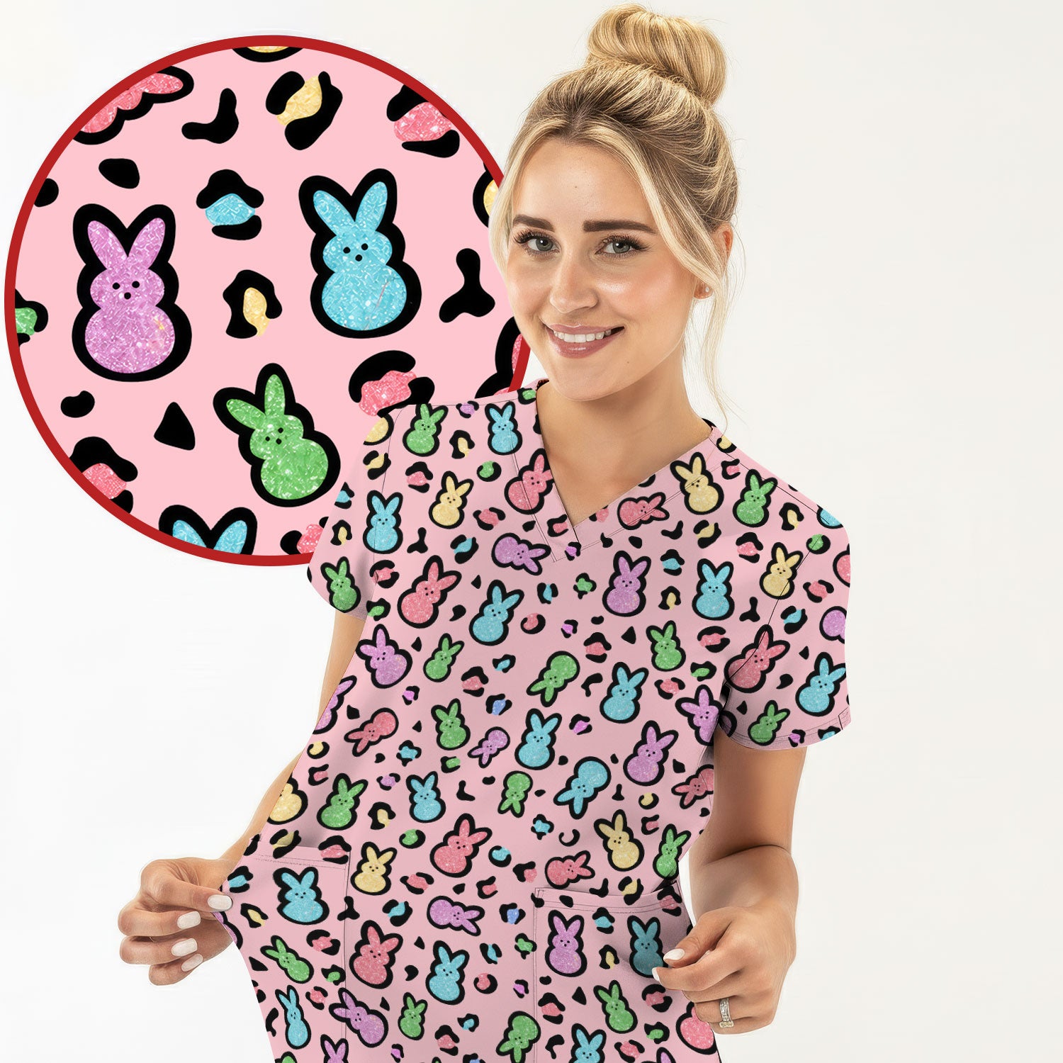 Cute Easter Bunny Pastel Pattern Scrub Top, Comfortable Scrubs for Nurses
