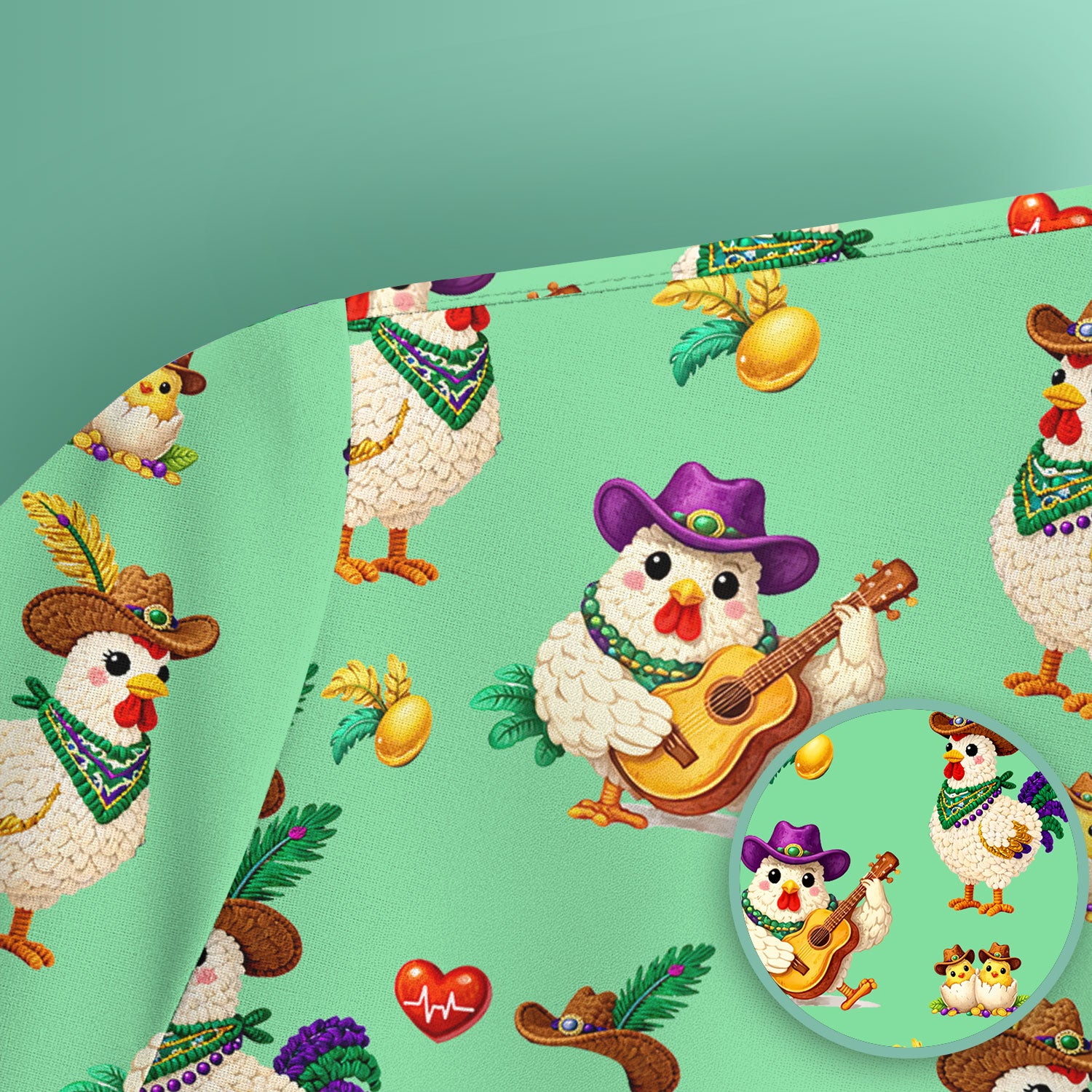 Funny Mardi Gras Rooster Cowboy Print Scrub Top, Comfortable Scrubs for Nurses