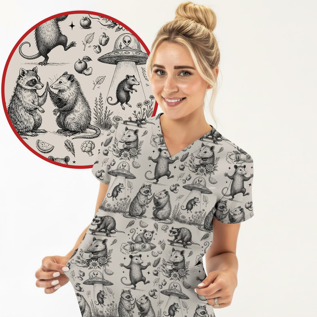 Funny Nurse Vintage Possum Raccoon High Five UFO Pattern Scrub Top, Breathable Fabrics Nursing Uniform