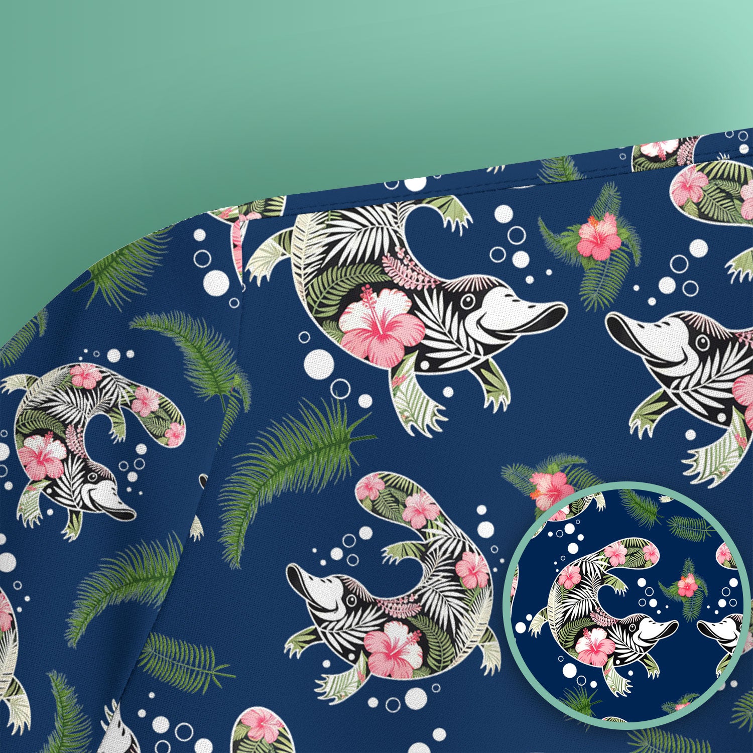 Cute Platypus Scrub Top, Tropical Floral Animal Pattern Nurse Shirt, Breathable Fabrics Nursing Uniform