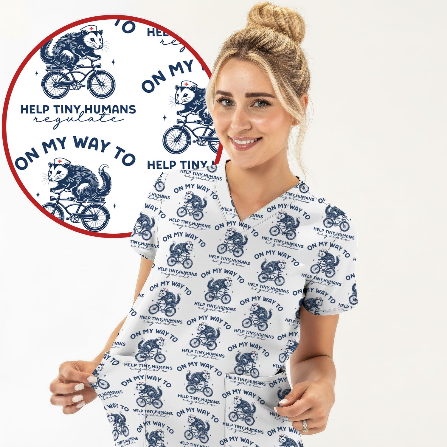 Featuring Biking Opossum With Funny Quote Print Scrub Top, Breathable Fabrics Nursing Uniform