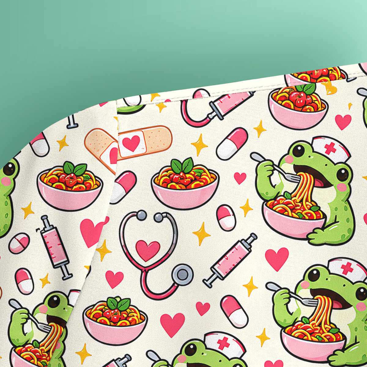 Cute Nurse Frogs Eating Noodles Scrub Top, Comfortable Scrubs for Nurses