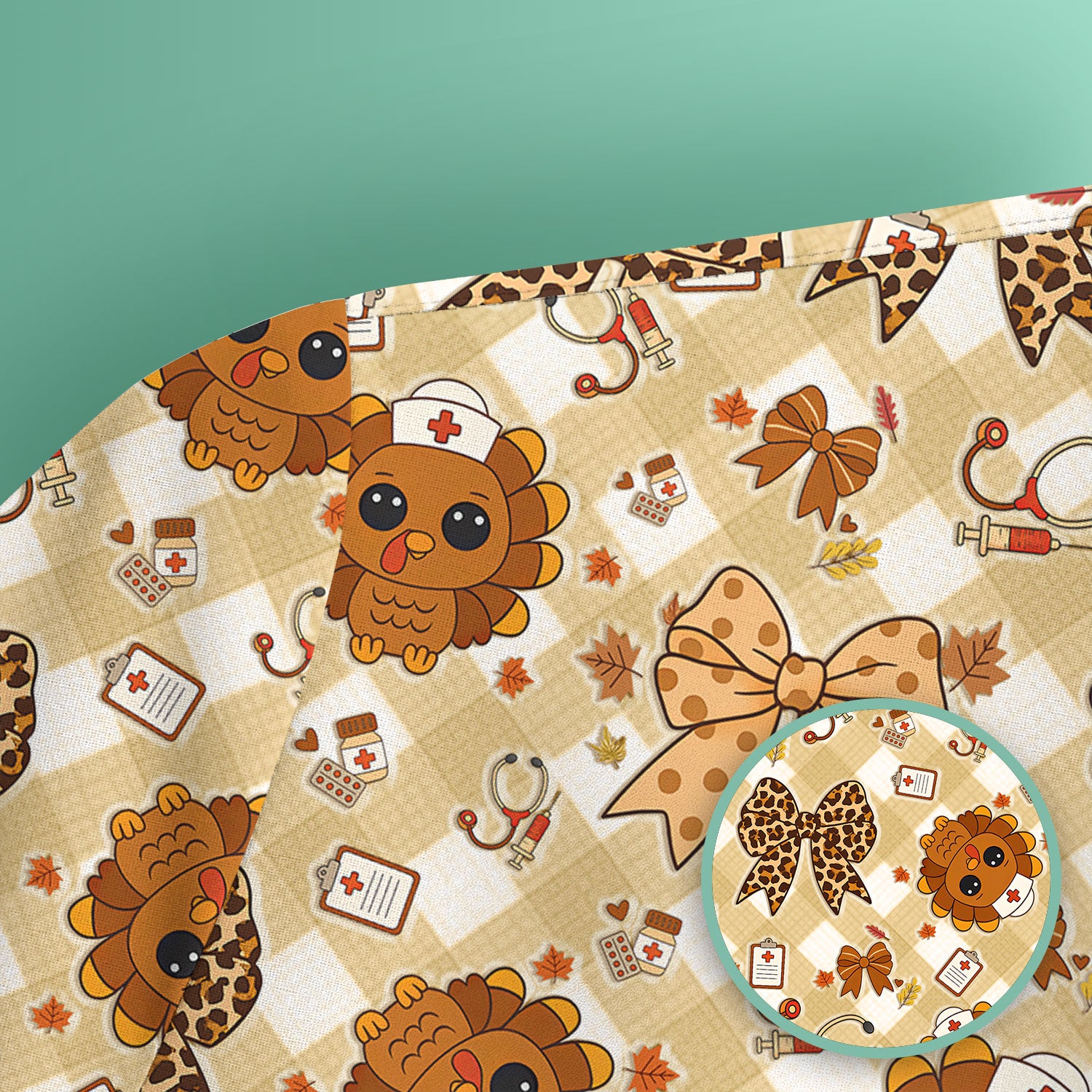 Thanksgiving Turkey Scrub Top for Nurses - Cute Fall Leaves and Bow Shirt - Funny Autumn Nursing Gift for Women RN LPN CNA