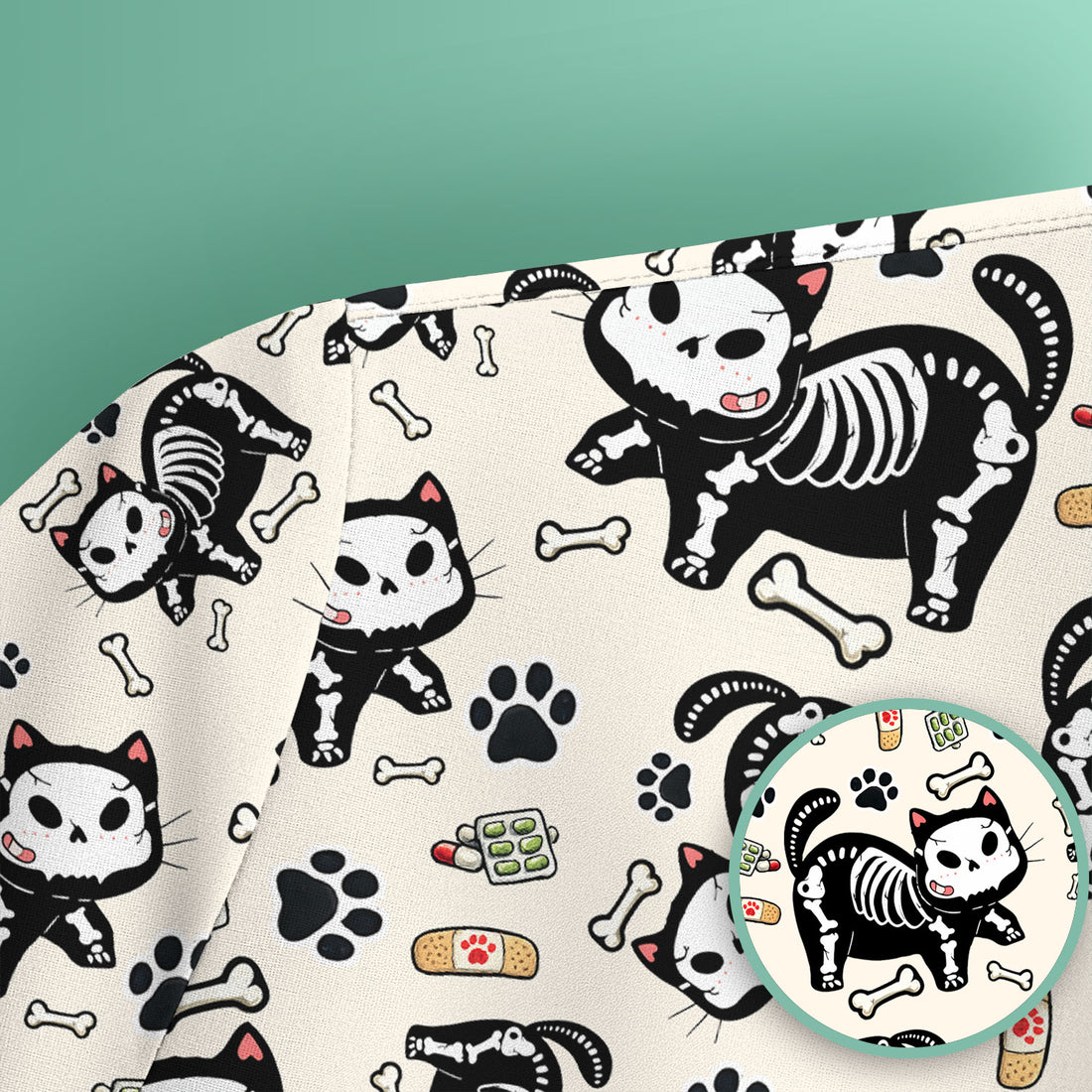 Skeleton Cat Medical Pattern Scrub Top, Comfortable Scrubs for Nurses