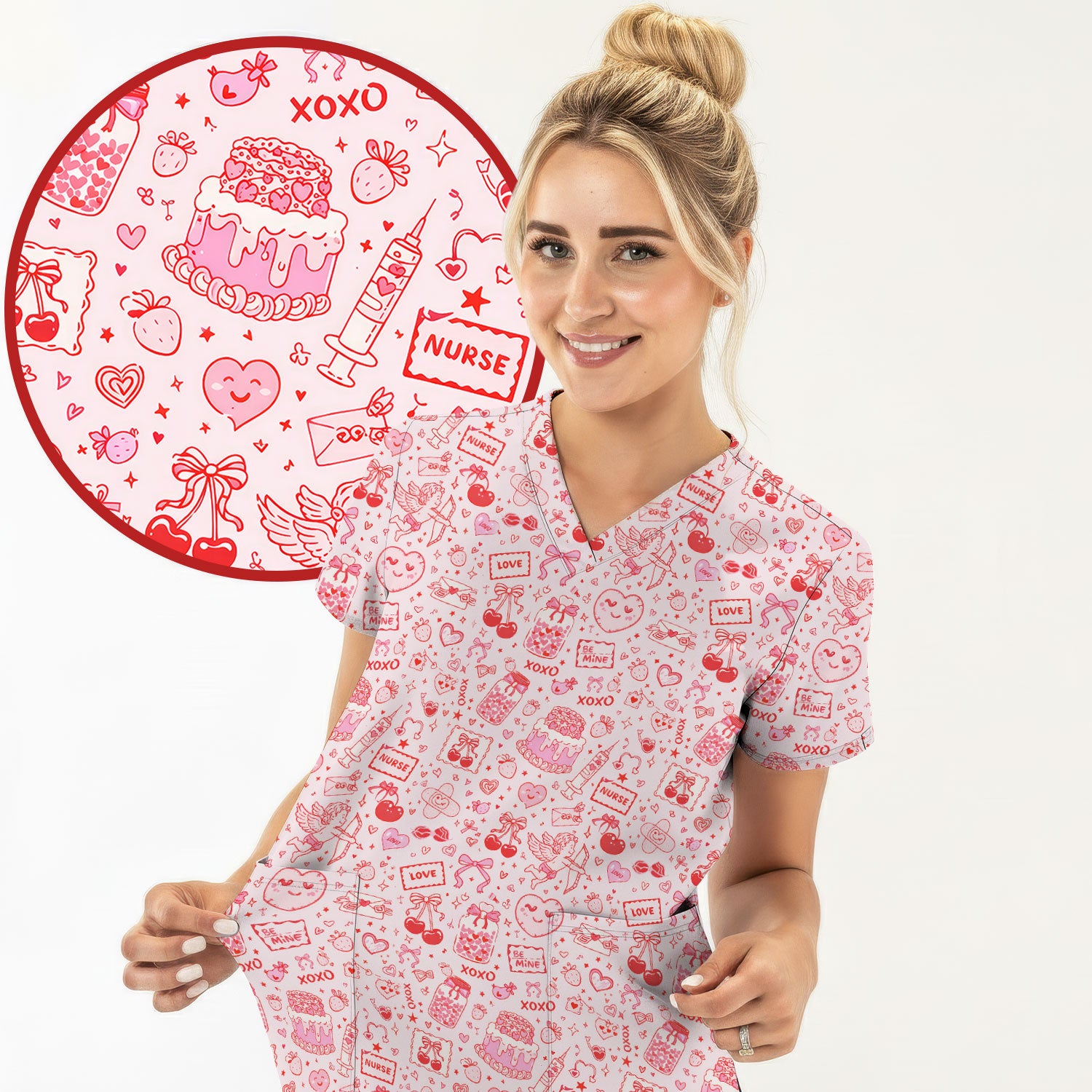 Valentine Pink XOXO Pattern Nurse Scrub Top, Comfortable Uniform Scrubs For Nursing