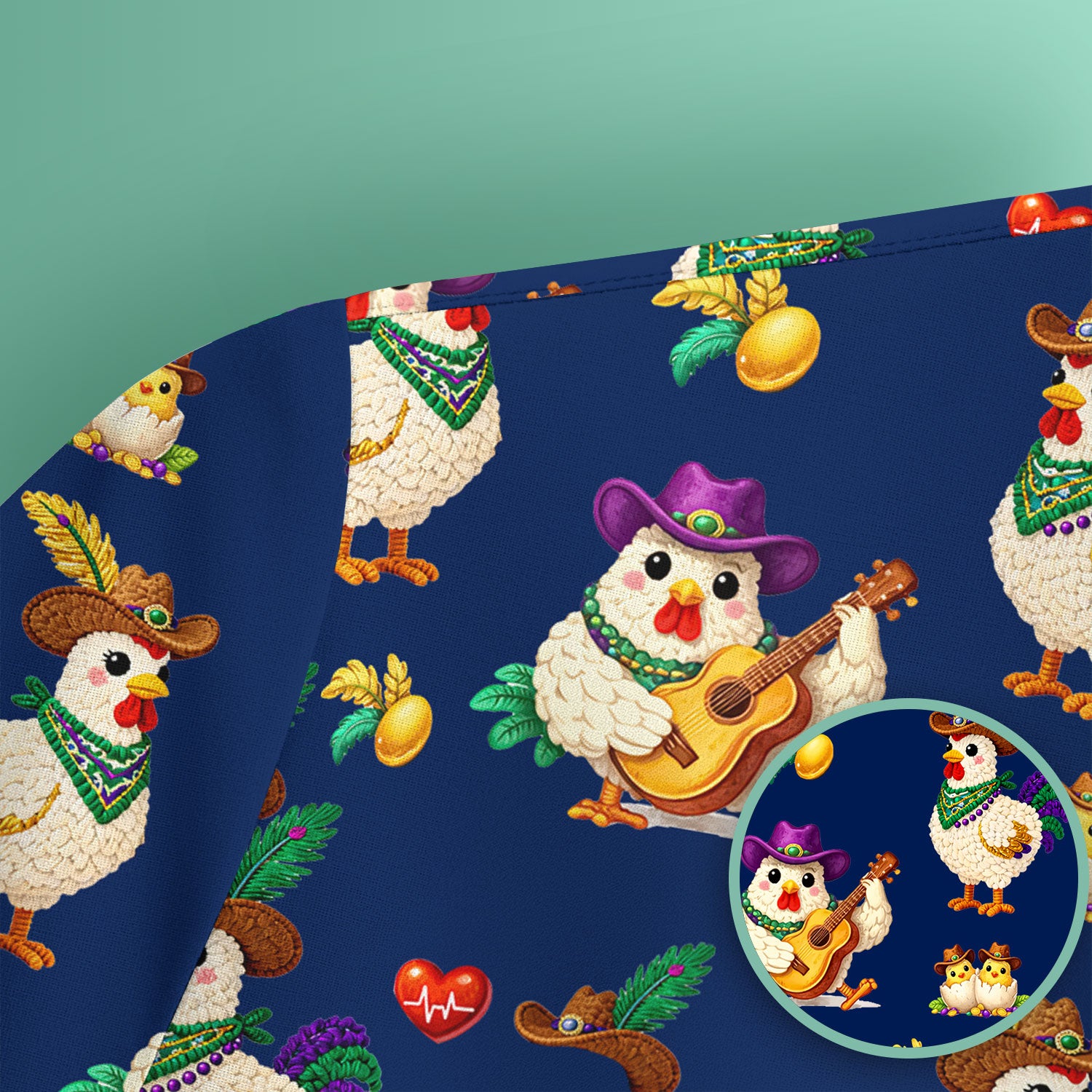 Funny Mardi Gras Rooster Cowboy Print Scrub Top, Comfortable Scrubs for Nurses