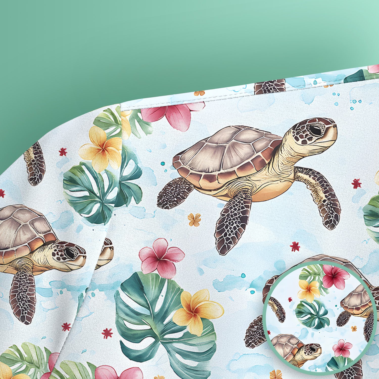 Sea Turtle Tropical Floral Pattern Scrub Top, Comfortable Scrubs for Nurses