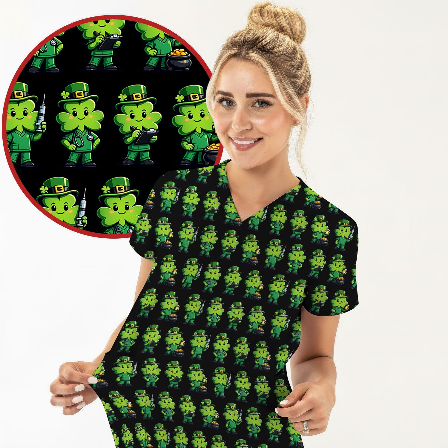 St Patrick Leprechaun Nurse Print Women's Scrub Set, Scrub Pants and V Neck Top