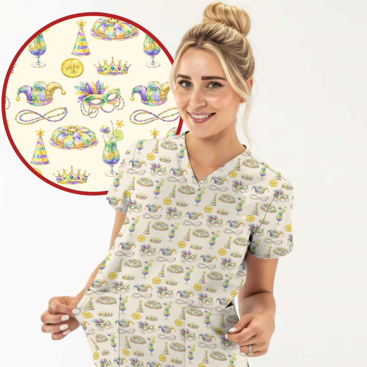 Mardi Gras Mask Scrub Top, Elegant Carnival Pattern Nurse Shirt For Women, Breathable Fabrics Nursing Uniform
