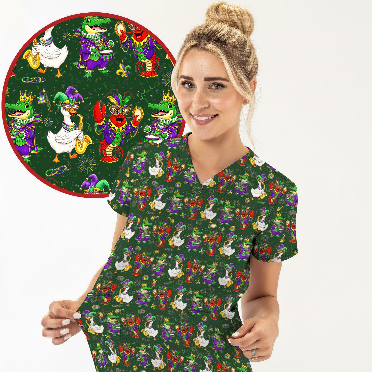Crawfish And Duck Carnival Scrub Top, Mardi Gras Parade Pattern Nurse Shirt, Breathable Fabrics Nursing Uniform