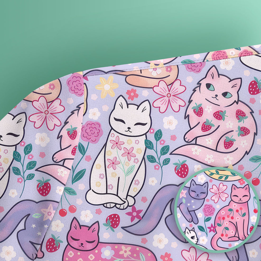 Funny Colorful Pastel Cats Floral Strawberry Print Scrub Top, Breathable Fabrics Nursing Uniform