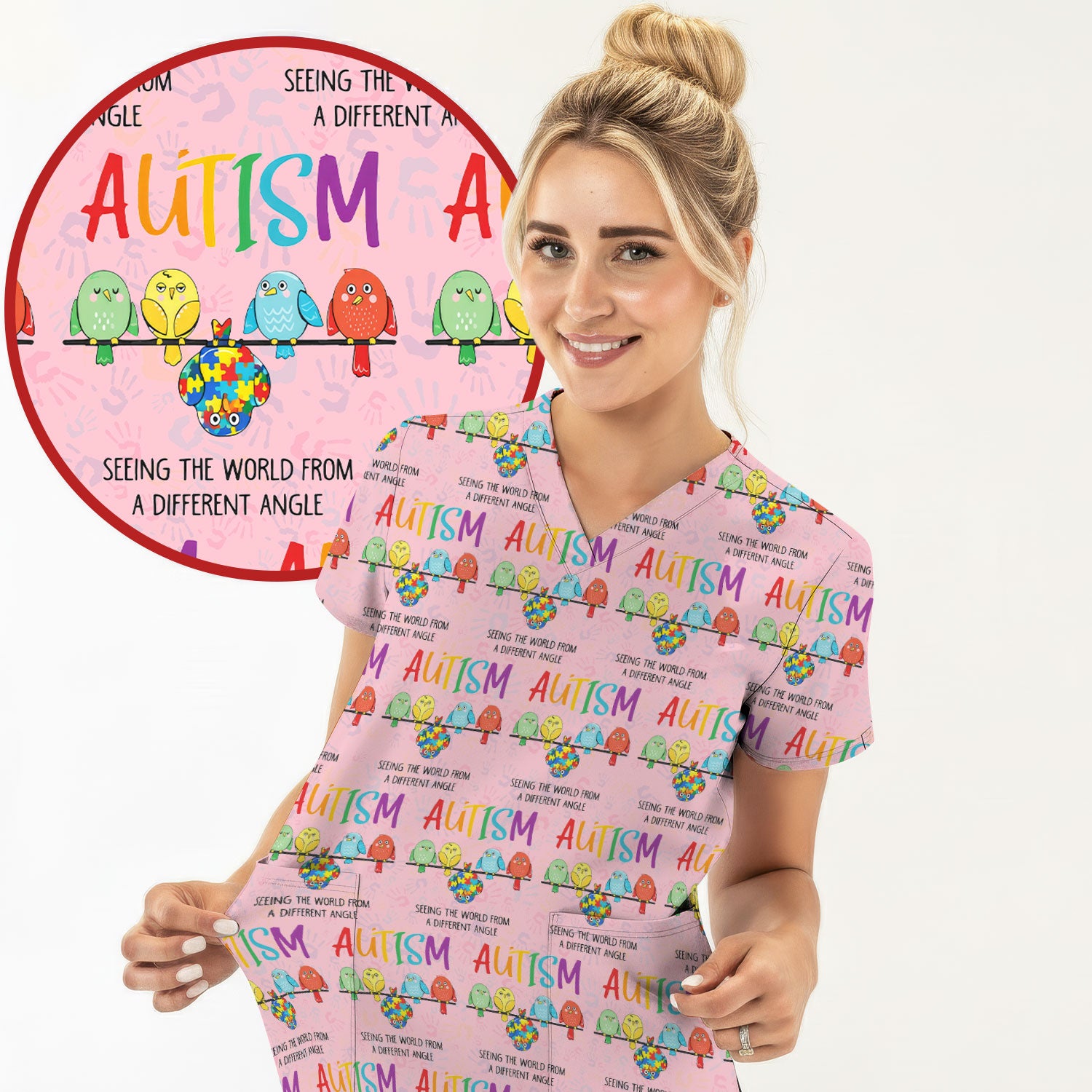 Autism Seeing The World From A Different Angle Birds Scrub Top ,Comfortable Scrubs for Nurses