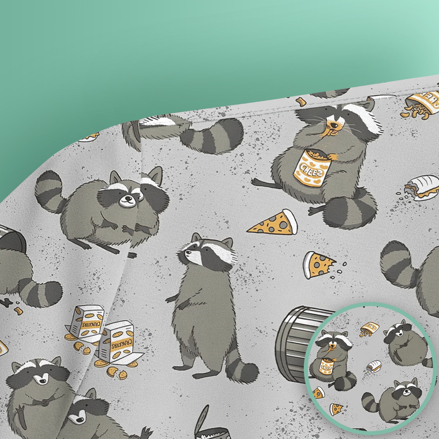 Raccoon Snack And Trash Can Pattern Scrub Top, Breathable Fabrics Nursing Uniform