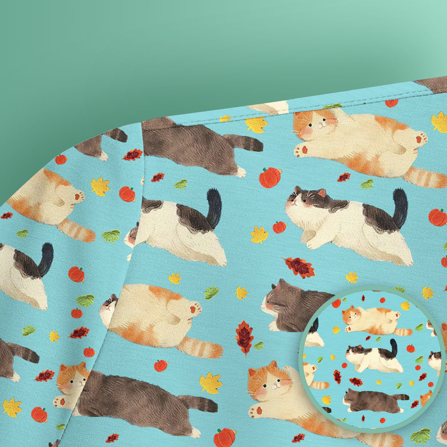 Chubby Cat Autumn Leaves Print Scrub Top, Breathable Fabrics Nursing Uniform