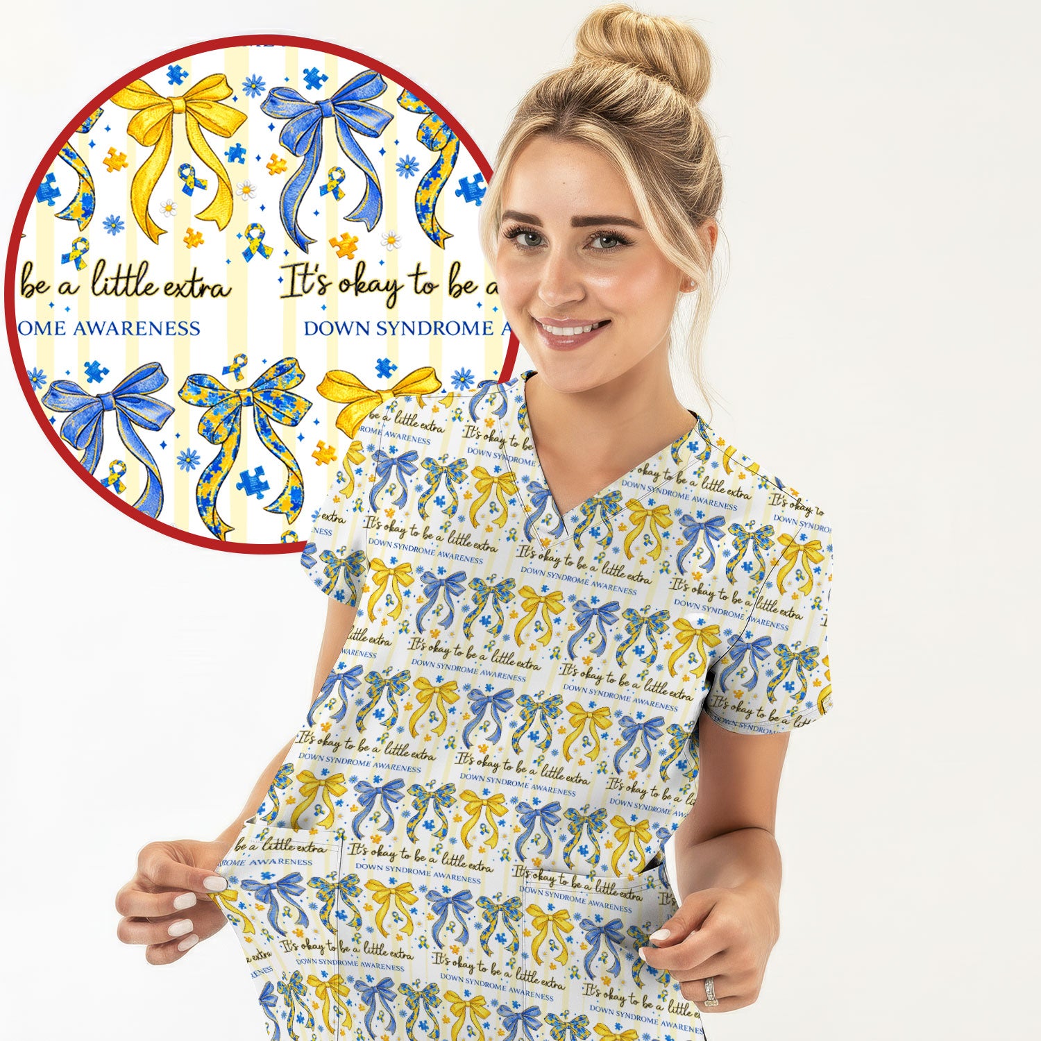 Down Syndrome Awareness Ribbon Pattern Scrub Top Comfortable Nurse Workwear Top