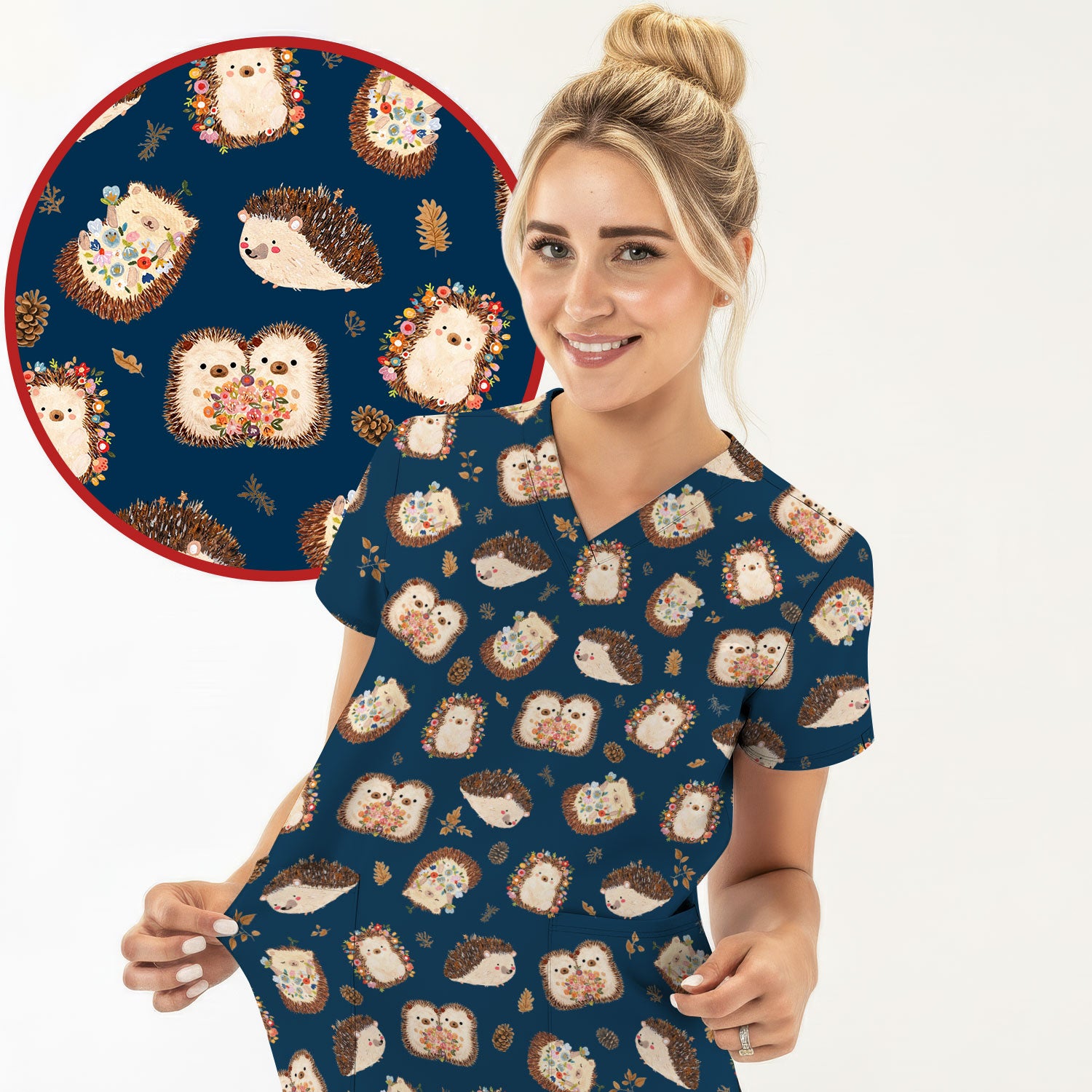 Cute Hedgehog Floral Scrub Top, Breathable Fabrics Nursing Uniform