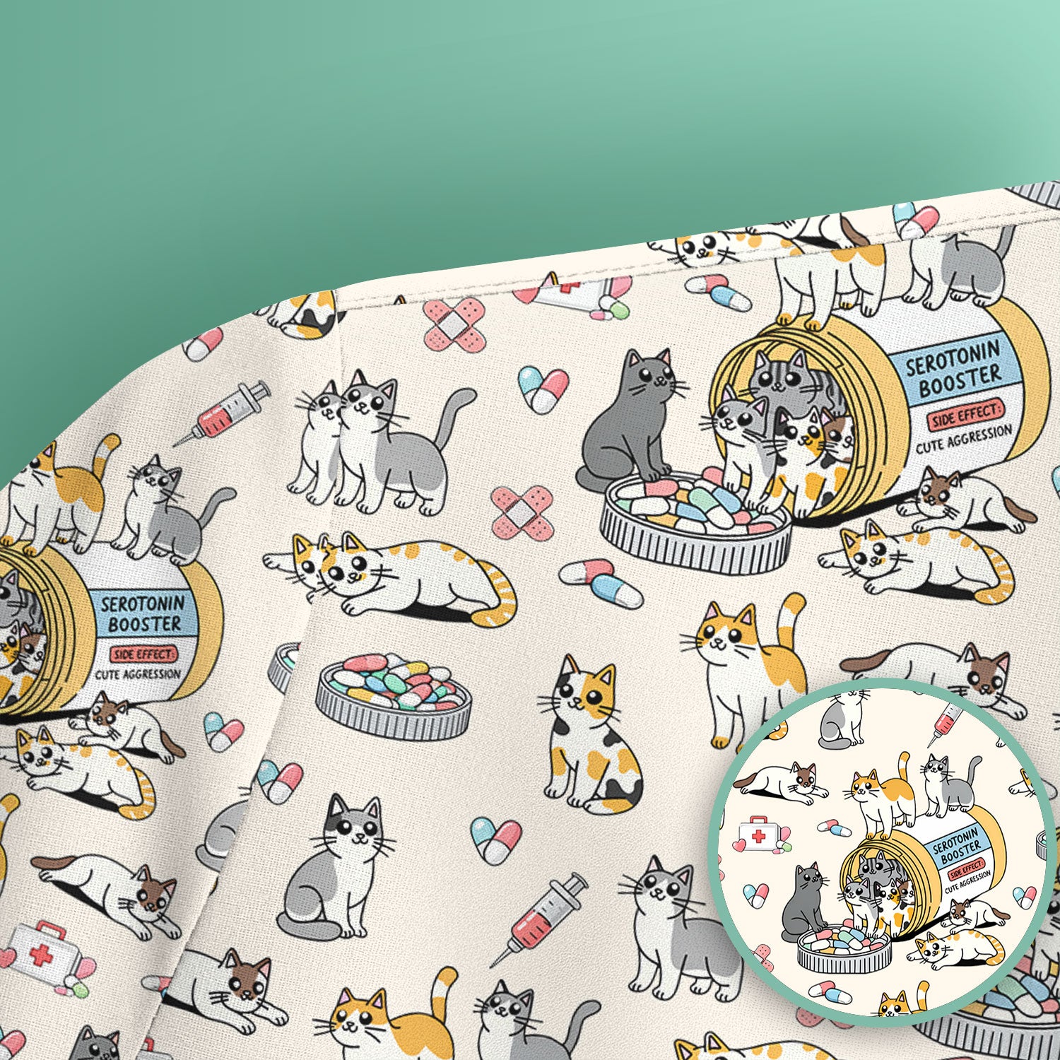Cute Cat Serotonin Booster Pattern Scrub Top, Comfortable Scrubs for Nurses