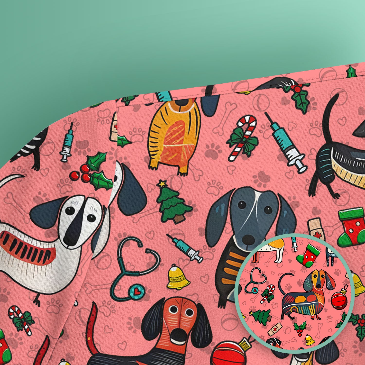 Dachshund Christmas Scrub Top - Cute Wiener Dog Nurse Uniform for Women - Holiday Medical Shirt