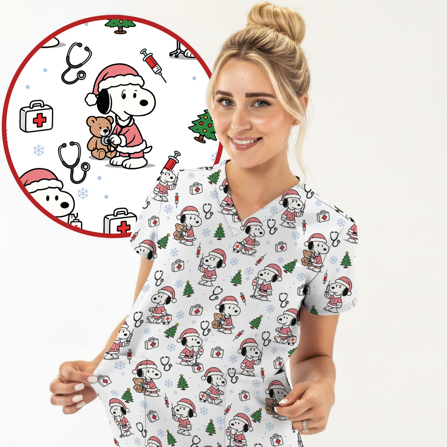 Snoopy Christmas Nurse Scrub Top for Women - Cute Cartoon Holiday Medical Uniform with Pockets - Nursing Gift for RN CNA LPN