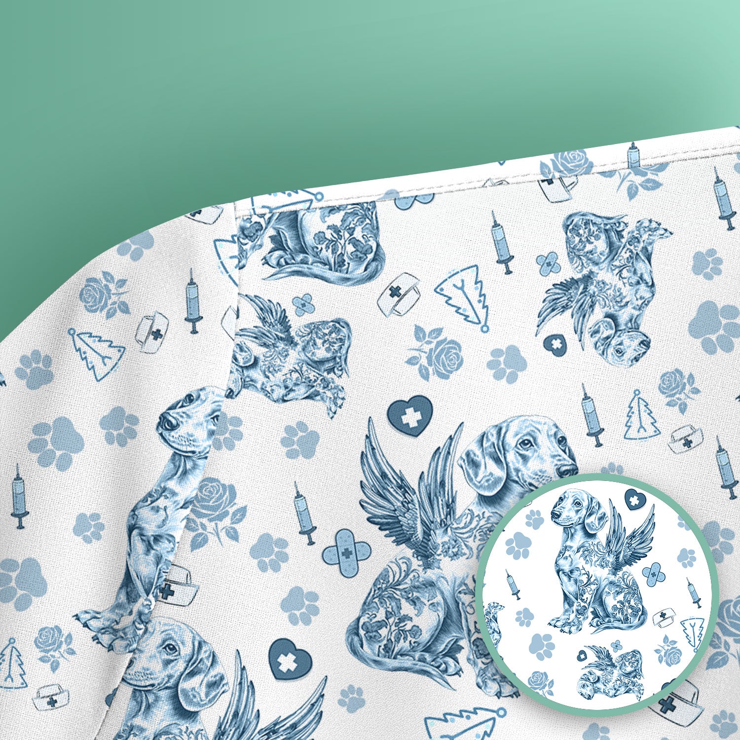 Toile de Jouy Dachshund Angel Scrub Top - Blue Vintage Dog Nurse Shirt - Memorial Christmas Gift
