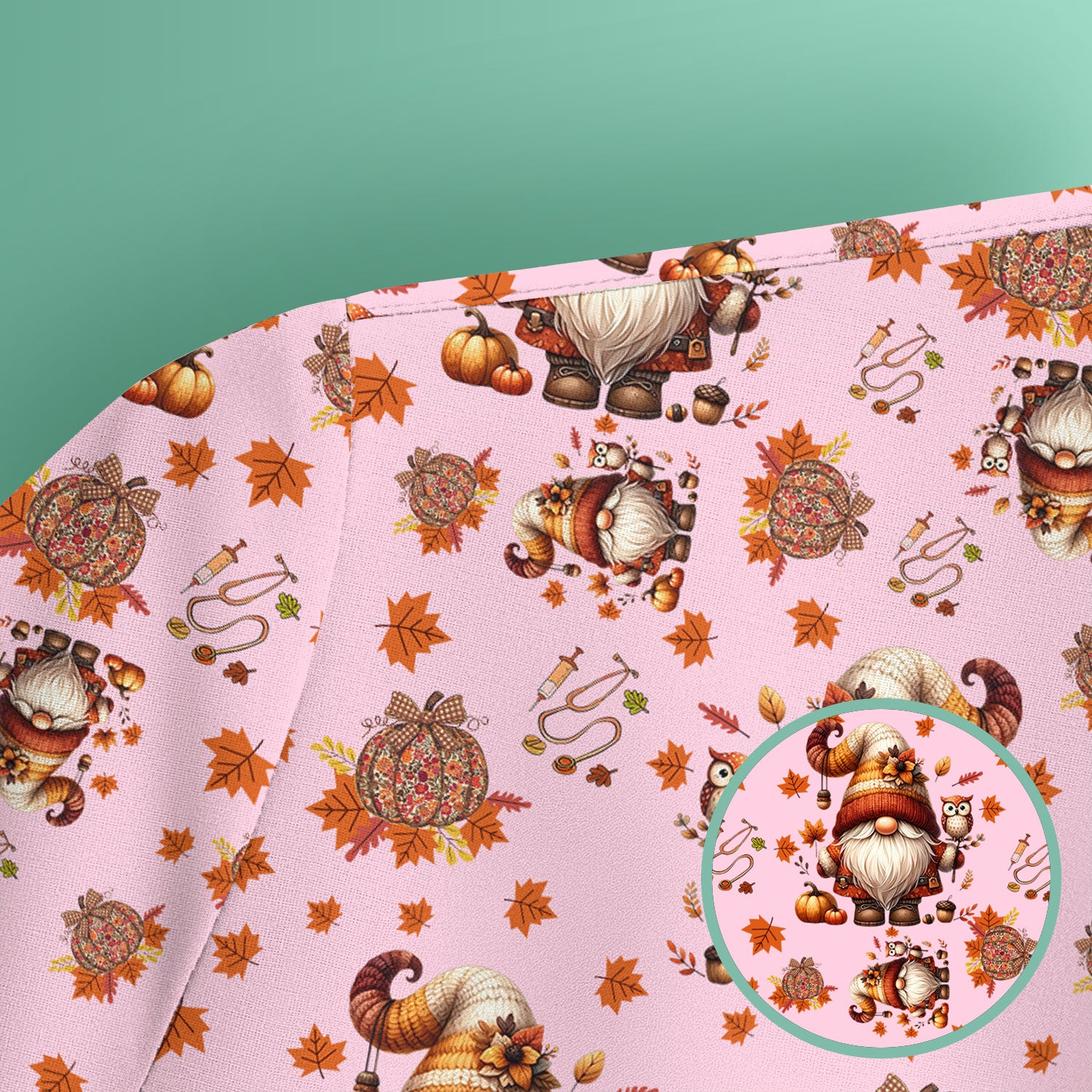 Fall Gnome Nurse Scrub Top for Women - Autumn Leaves Pumpkin Shirts - Thanksgiving Nursing Uniform Gift for RN LPN CNA